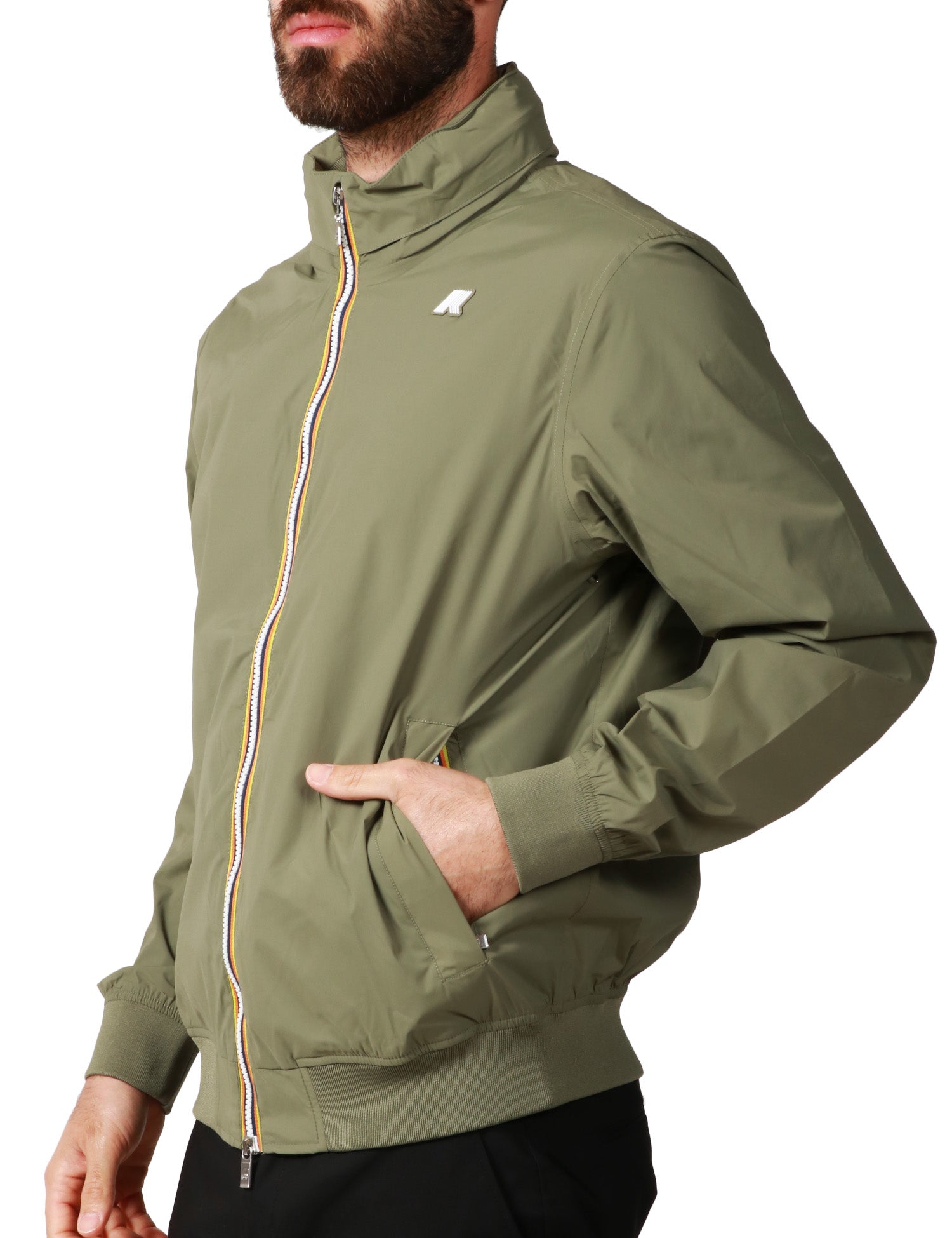 GIUBBINO UOMO K-WAY AMAURY VERDE IN NYLON STRETCH IMPERMEABILE CON CAPPUCCIO A SCOMPARSA E BORDI A COSTINA