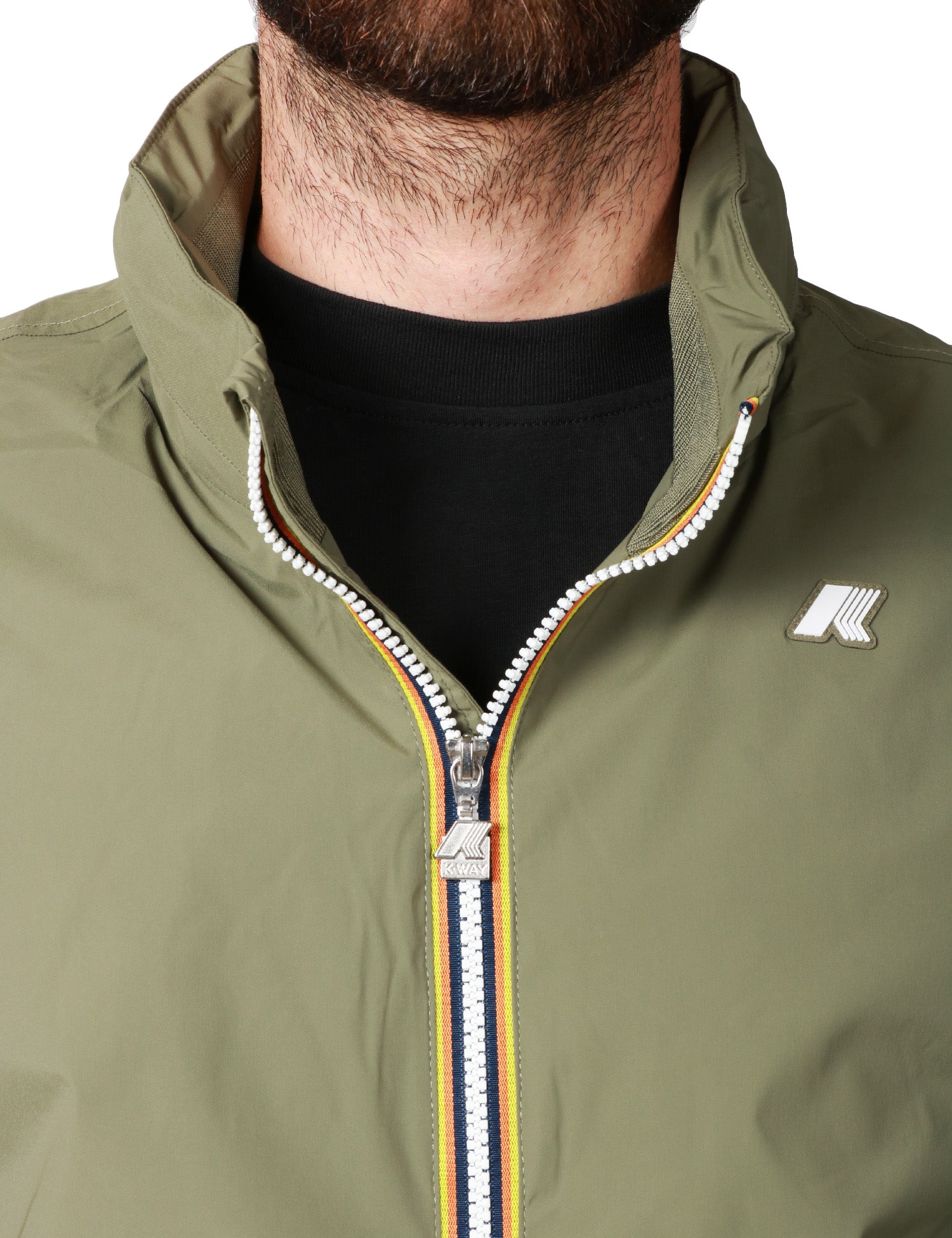 GIUBBINO UOMO K-WAY AMAURY VERDE IN NYLON STRETCH IMPERMEABILE CON CAPPUCCIO A SCOMPARSA E BORDI A COSTINA