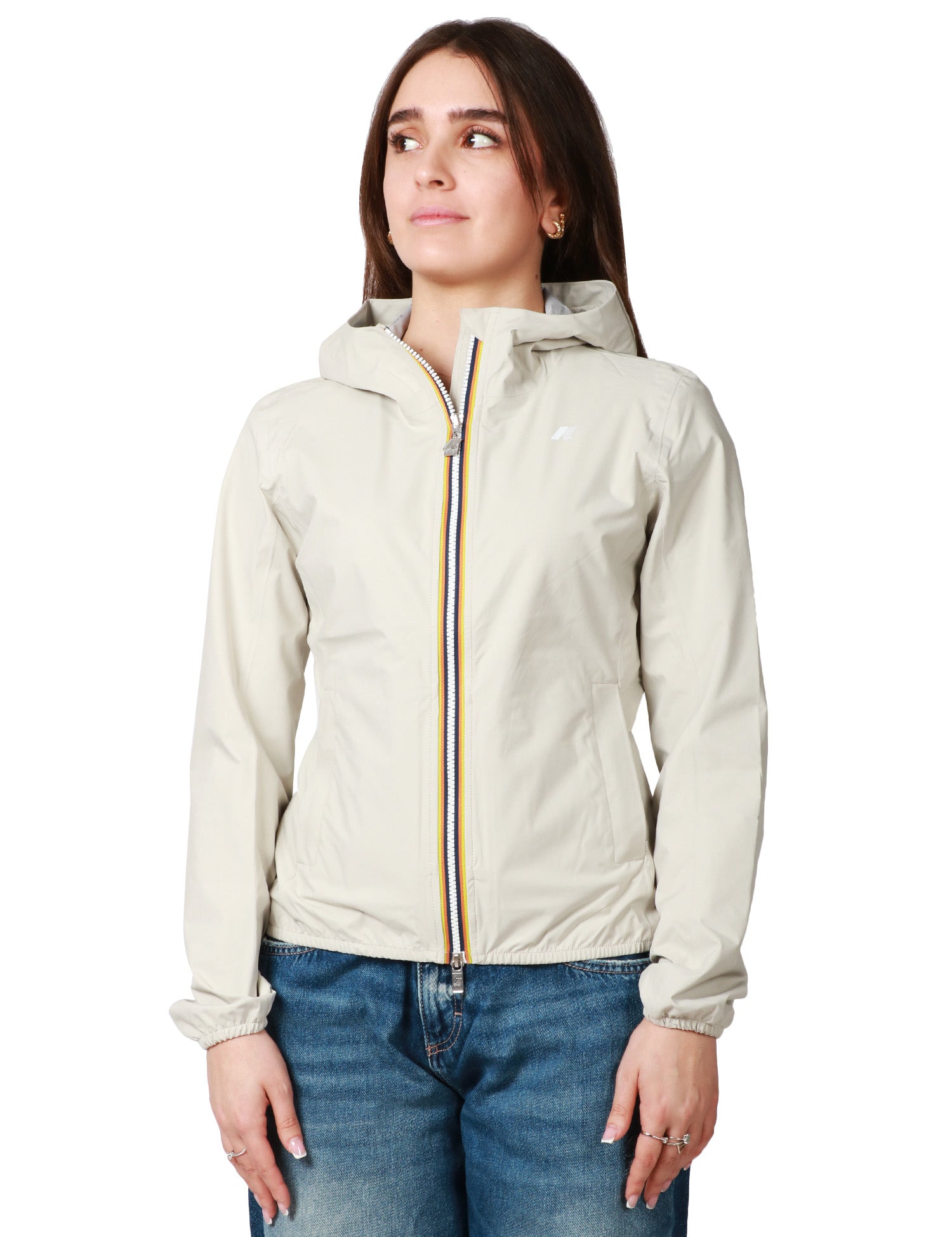 GIUBBINO DONNA K-WAY LILY STRETCH DOT BEIGE IN TESSUTO TECNICO ELASTICIZZATO CON ZIP E CAPPUCCIO
