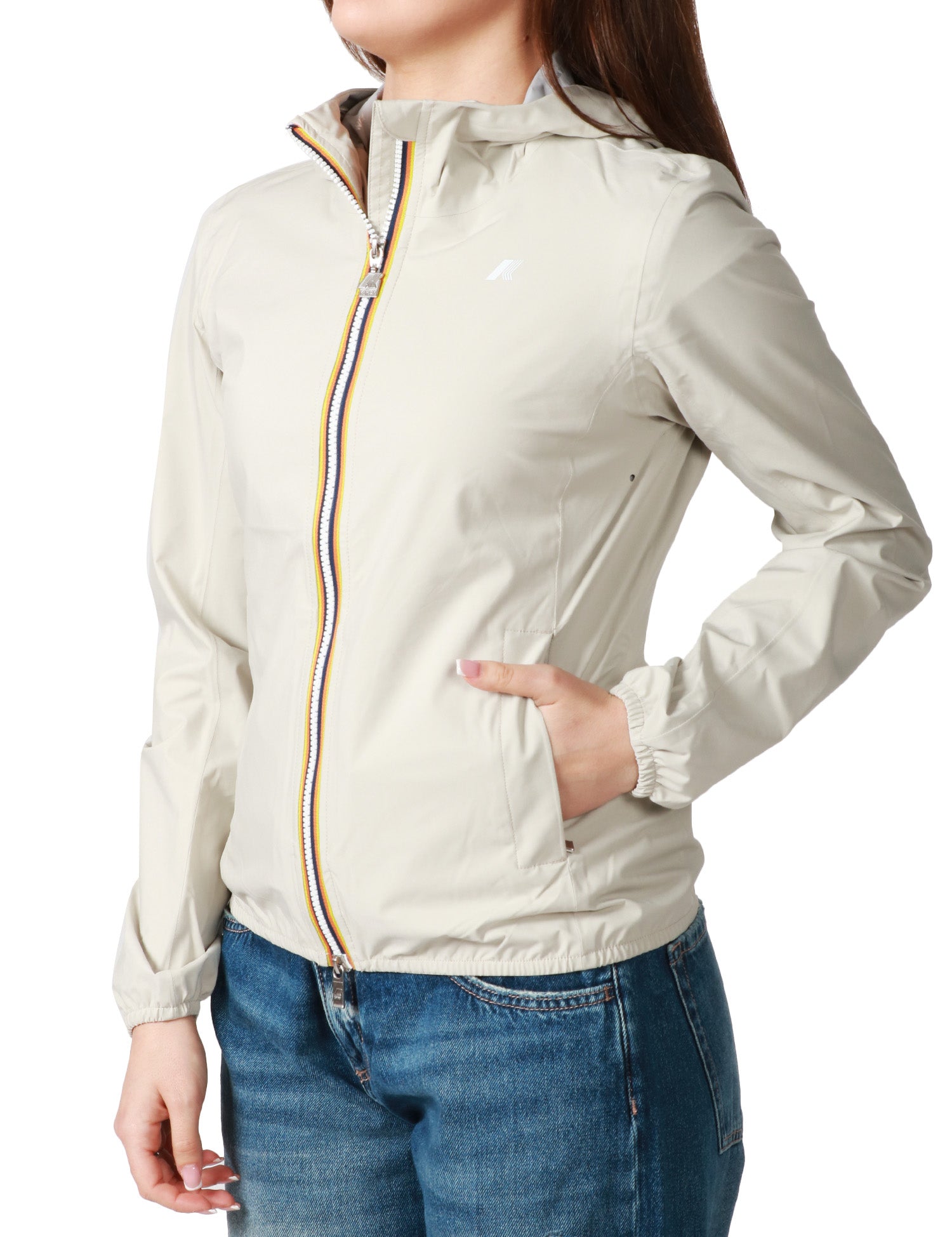 GIUBBINO DONNA K-WAY LILY STRETCH DOT BEIGE IN TESSUTO TECNICO ELASTICIZZATO CON ZIP E CAPPUCCIO