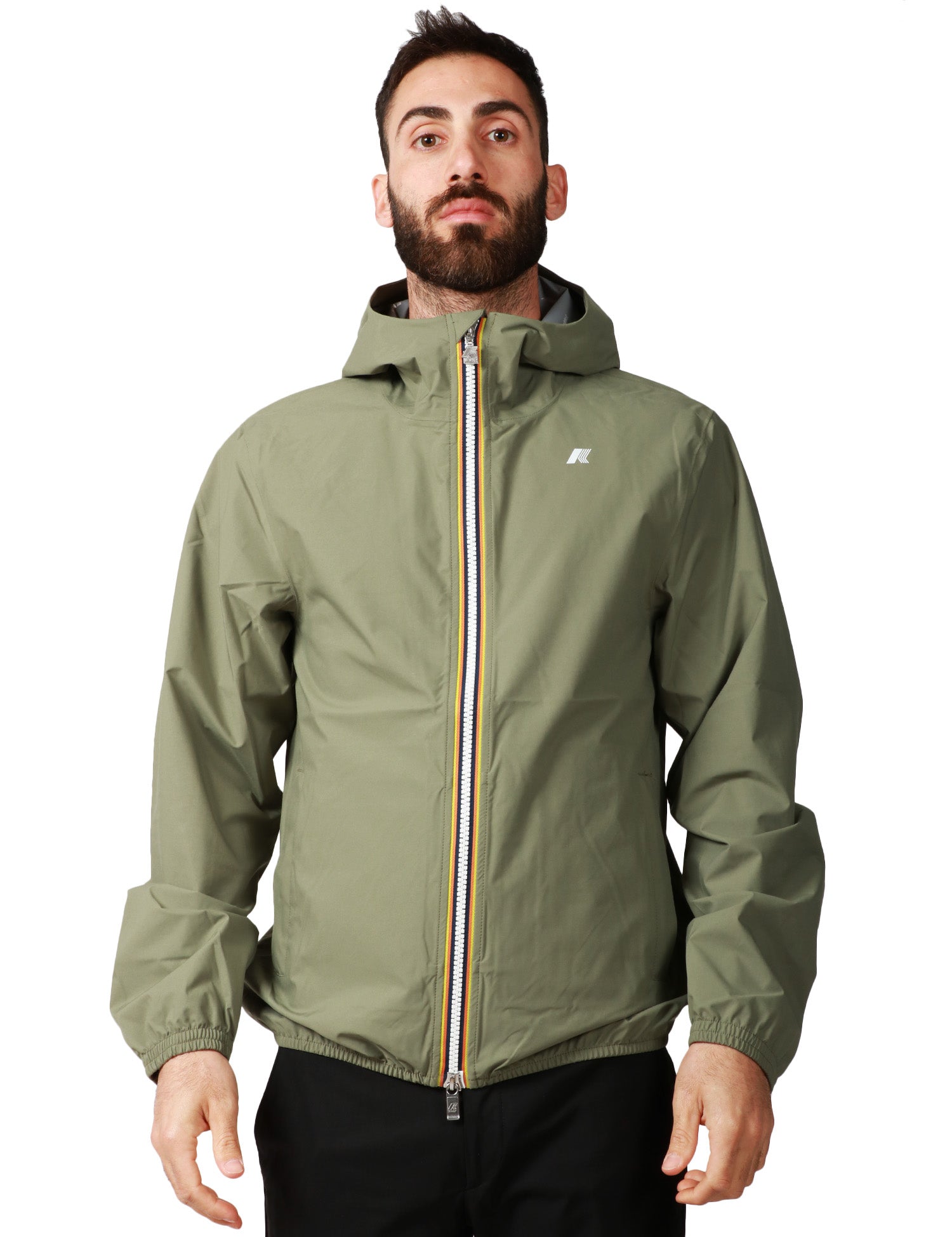 GIUBBINO UOMO K-WAY JACK STRETCH VERDE IN TESSUTO TECNICO ELASTICIZZATO IMPERMEABILE E ANTIVENTO CON CAPPUCCIO
