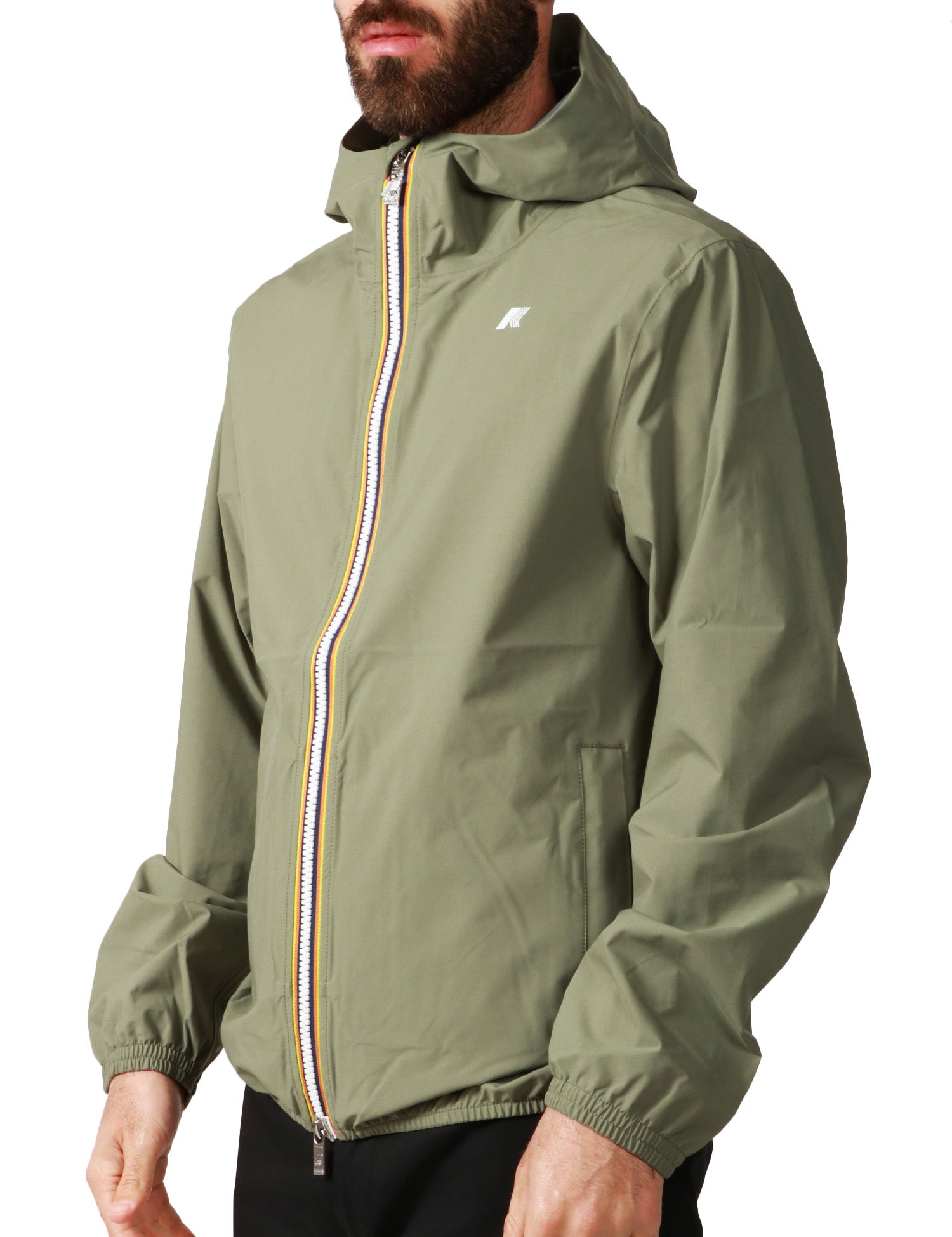 GIUBBINO UOMO K-WAY JACK STRETCH VERDE IN TESSUTO TECNICO ELASTICIZZATO IMPERMEABILE E ANTIVENTO CON CAPPUCCIO