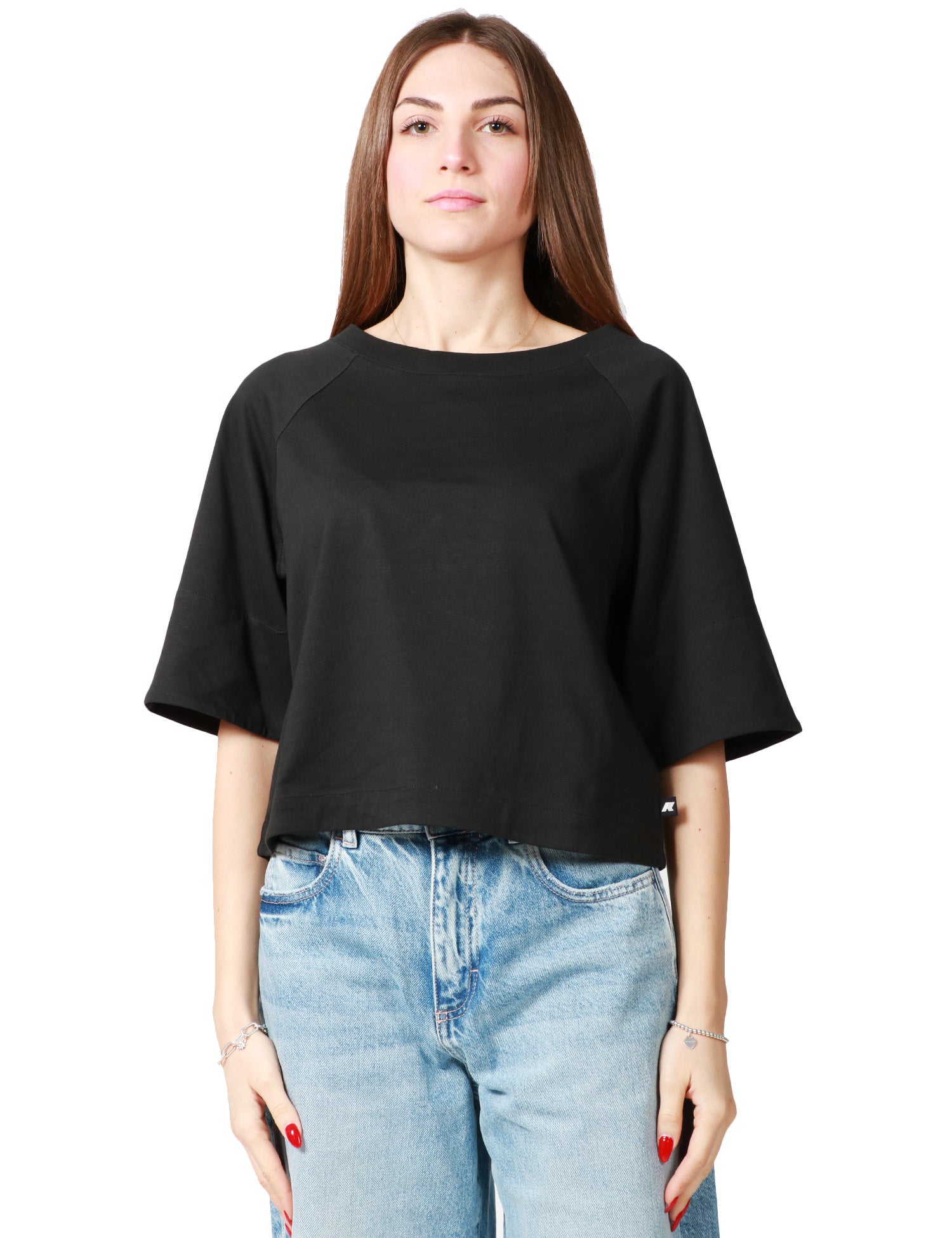 T-SHIRT DONNA K-WAY INDRE NERA IN JERSEY CON SCOLLO A BARCHETTA E MANICHE KIMONO