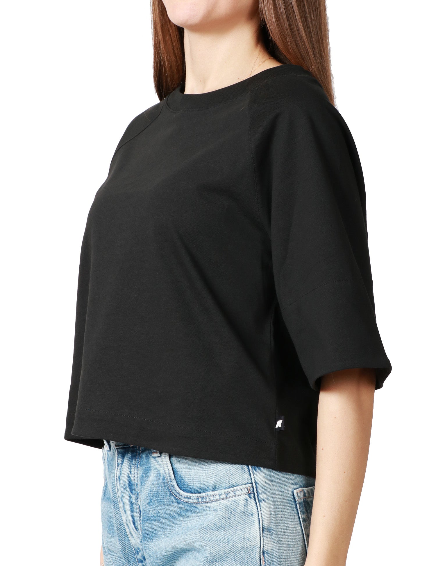 T-SHIRT DONNA K-WAY INDRE NERA IN JERSEY CON SCOLLO A BARCHETTA E MANICHE KIMONO