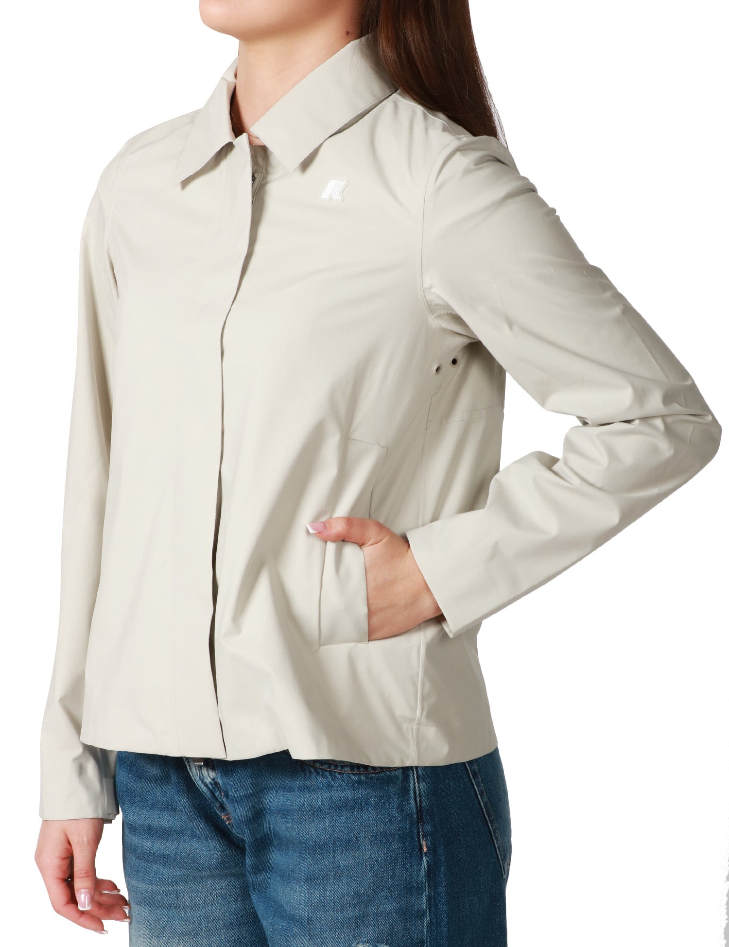 GIACCA IMPERMEABILE DONNA K-WAY ARABEL STRETCH BEIGE IN TESSUTO TECNICO IMPERMEABILE CON COLLETTO E ZIP