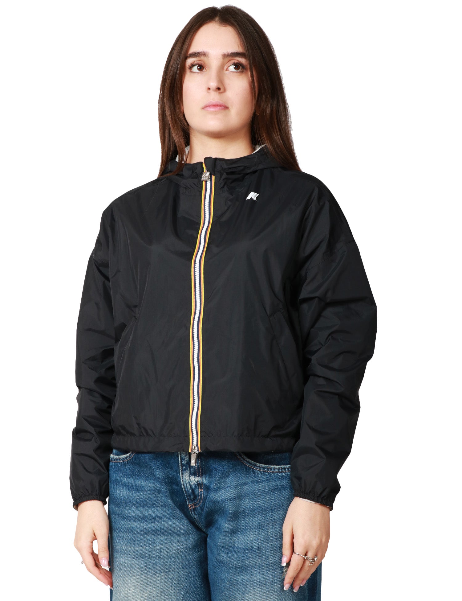 GIUBBINO DONNA K-WAY LAURETTE PLUS REVERSIBILE BLACK/BEIGE CROPPED IN NYLON IMPERMEABILE CON CAPPUCCIO