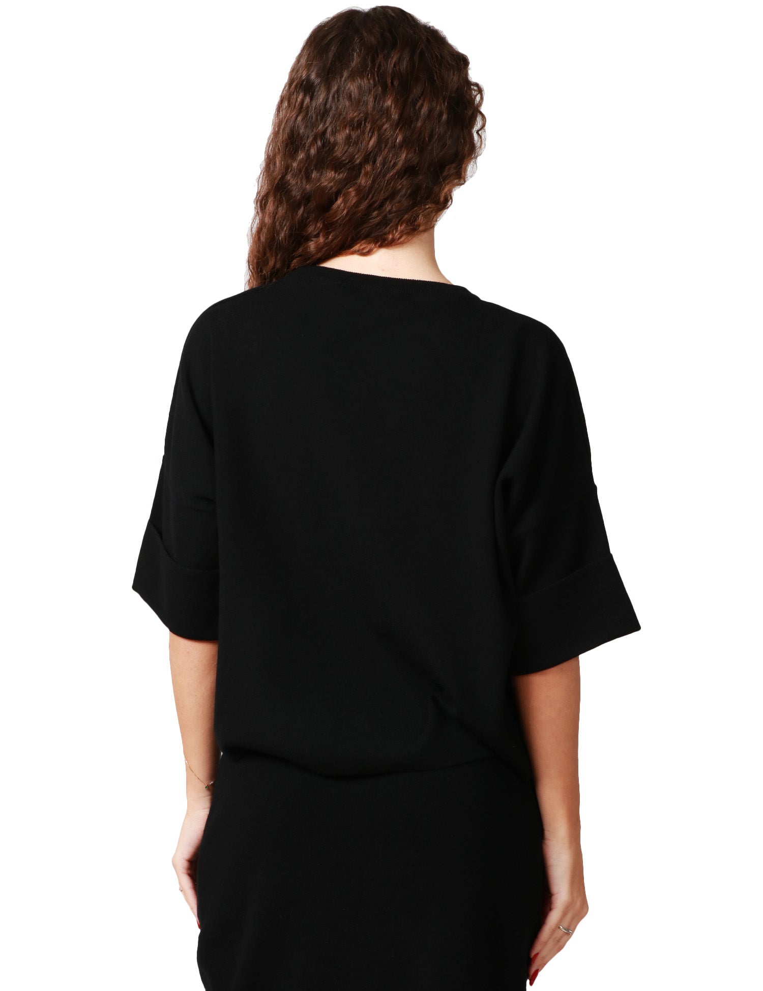 MAGLIA DONNA KONTATTO NERA GIROCOLLO A MEZZA MANICA CON RISVOLTO SULLE MANICHE
