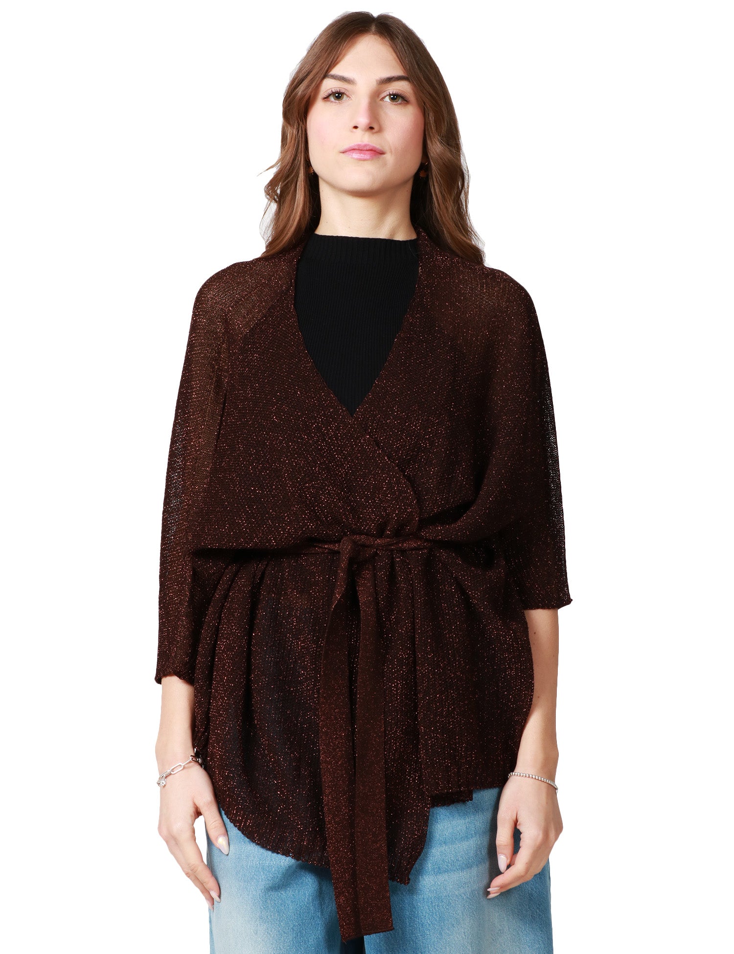 CARDIGAN KIMONO KONTATTO FONDENTE CON TRAMA LUREX E CINTURA