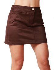 GONNA MINI KONTATTO MARRONE SCURO IN SUEDE CON TASCHE A FILETTO DAVANTI
