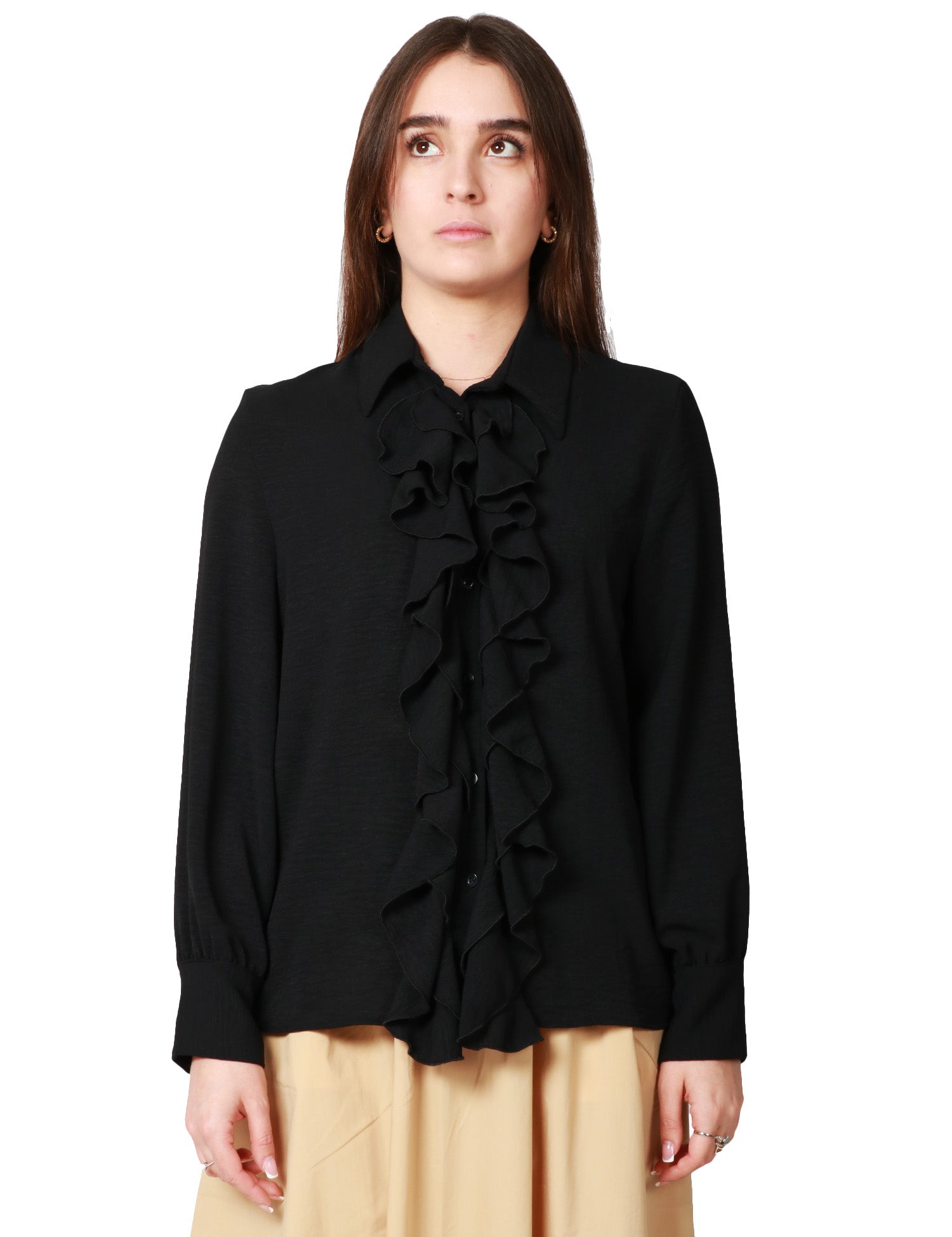 BLUSA DONNA KONTATTO NERA A MANICA LUNGA CON ROUCHES DAVANTI