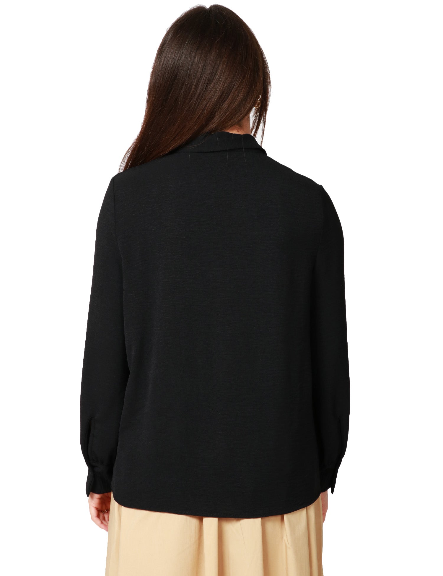 BLUSA DONNA KONTATTO NERA A MANICA LUNGA CON ROUCHES DAVANTI