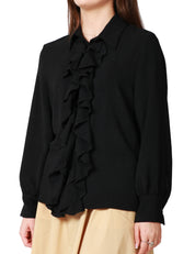 BLUSA DONNA KONTATTO NERA A MANICA LUNGA CON ROUCHES DAVANTI