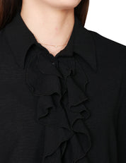 BLUSA DONNA KONTATTO NERA A MANICA LUNGA CON ROUCHES DAVANTI