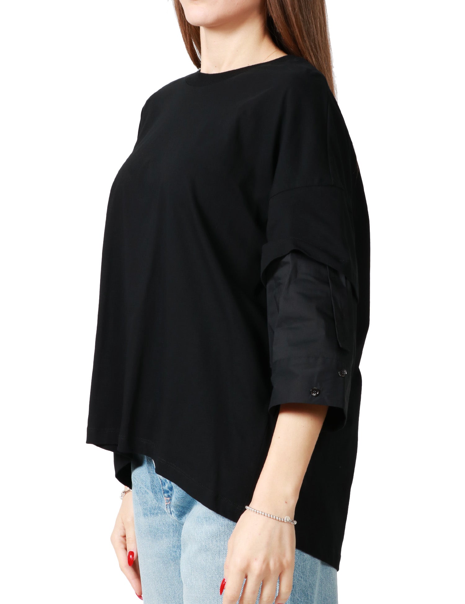 CAMICIA DONNA LIVIANA CONTI GINEVRA NERA CON SCOLLO TONDO E MANICA TRE QUARTI CON POLSINO E BOTTONE