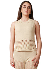 TOP DONNA MC2 SAINT BARTH AIRE BEIGE SMANICATO IN CROCHET CON DETTAGLIO BUCHERELLATO