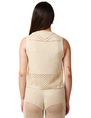 TOP DONNA MC2 SAINT BARTH AIRE BEIGE SMANICATO IN CROCHET CON DETTAGLIO BUCHERELLATO