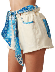 SHORTS DONNA MC2 SAINT BARTH ARIZONA BIANCO/BLU IN DENIM CON PARTICOLARI BANDANA