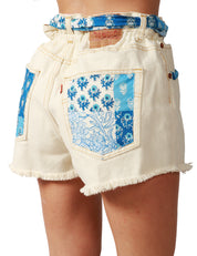 SHORTS DONNA MC2 SAINT BARTH ARIZONA BIANCO/BLU IN DENIM CON PARTICOLARI BANDANA