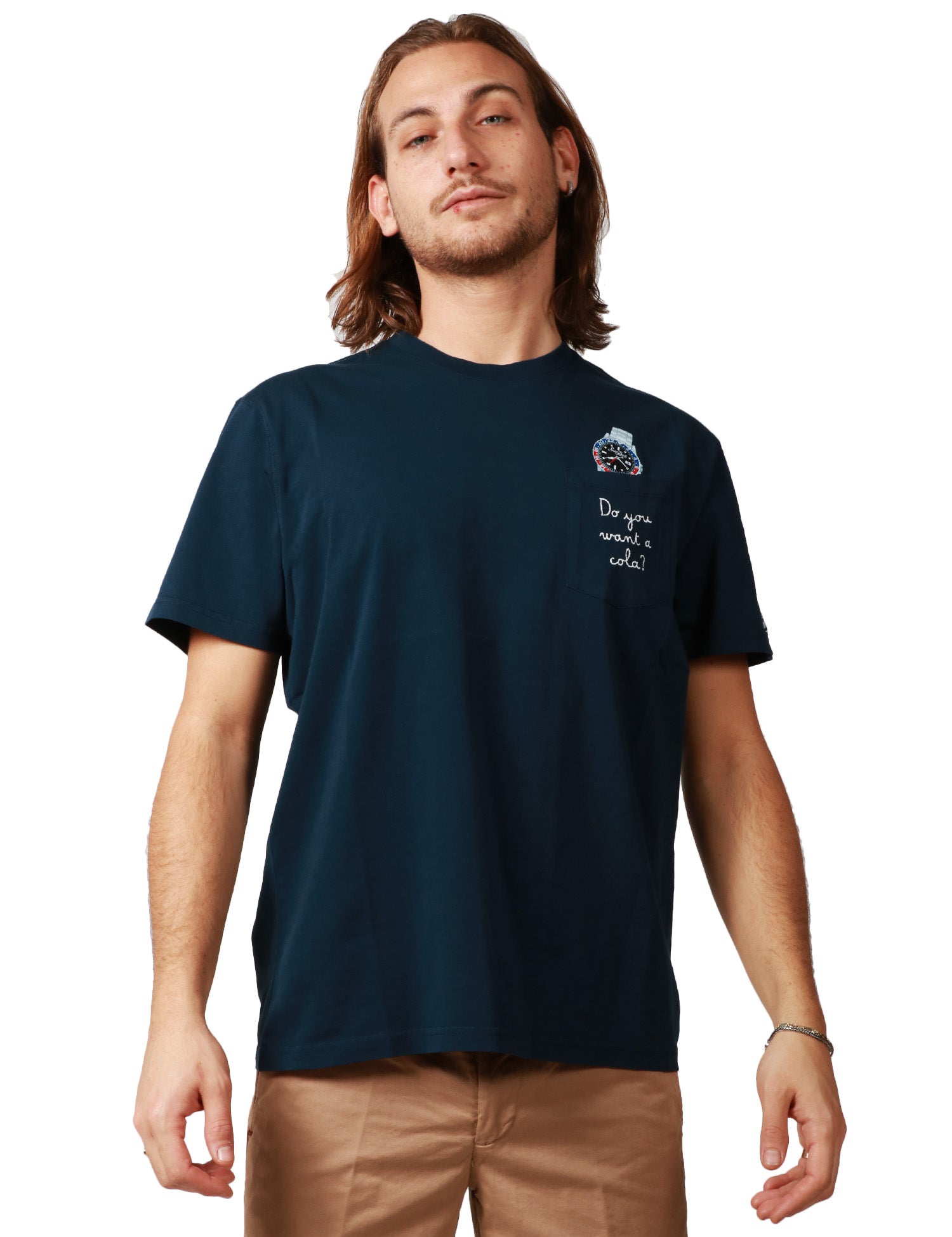 T-SHIRT UOMO MC2 SAINT BARTH AUSTIN BLU NAVY CON STAMPA OROLOGIO E RICAMO "DO YOU WANT A COLA?"
