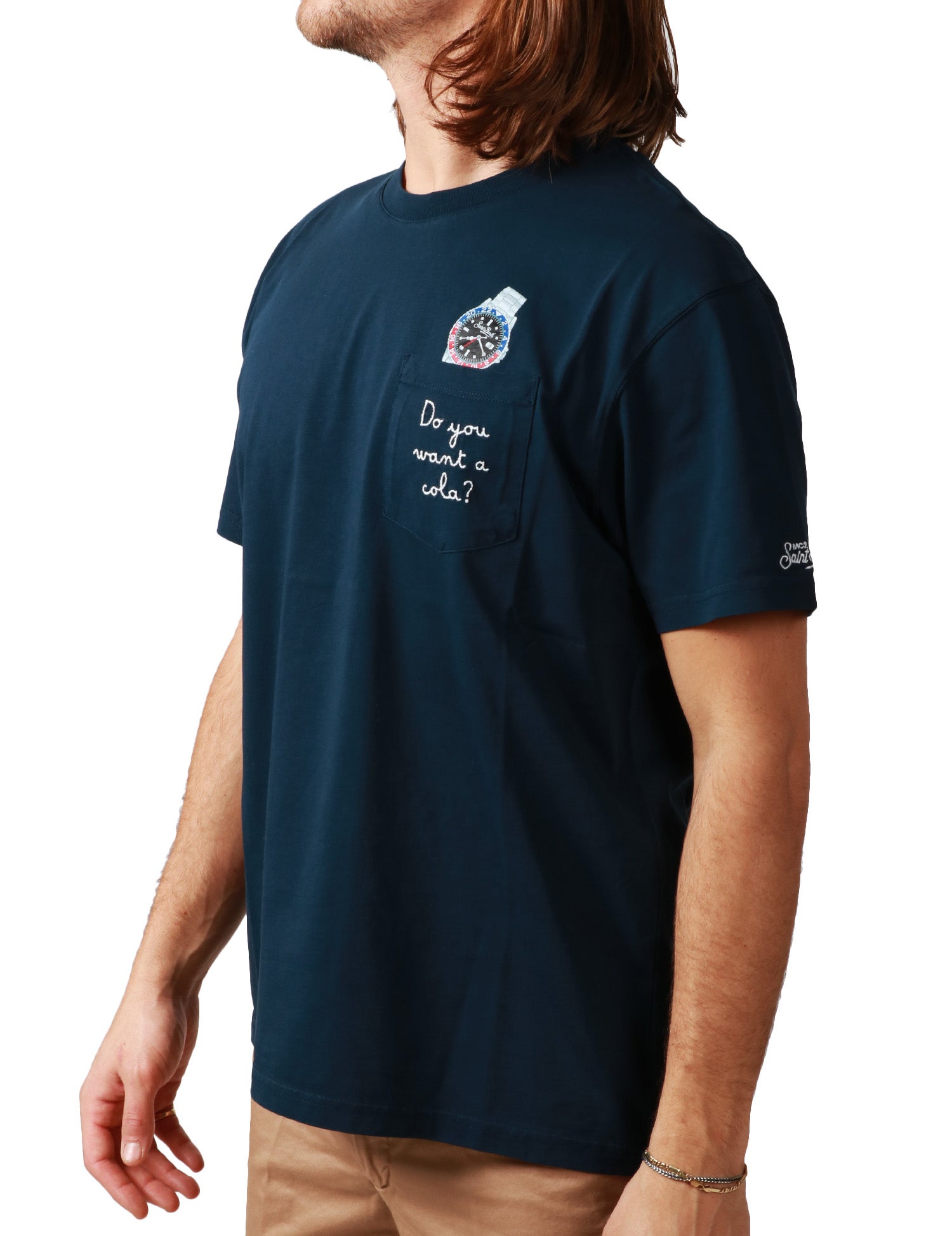 T-SHIRT UOMO MC2 SAINT BARTH AUSTIN BLU NAVY CON STAMPA OROLOGIO E RICAMO "DO YOU WANT A COLA?"