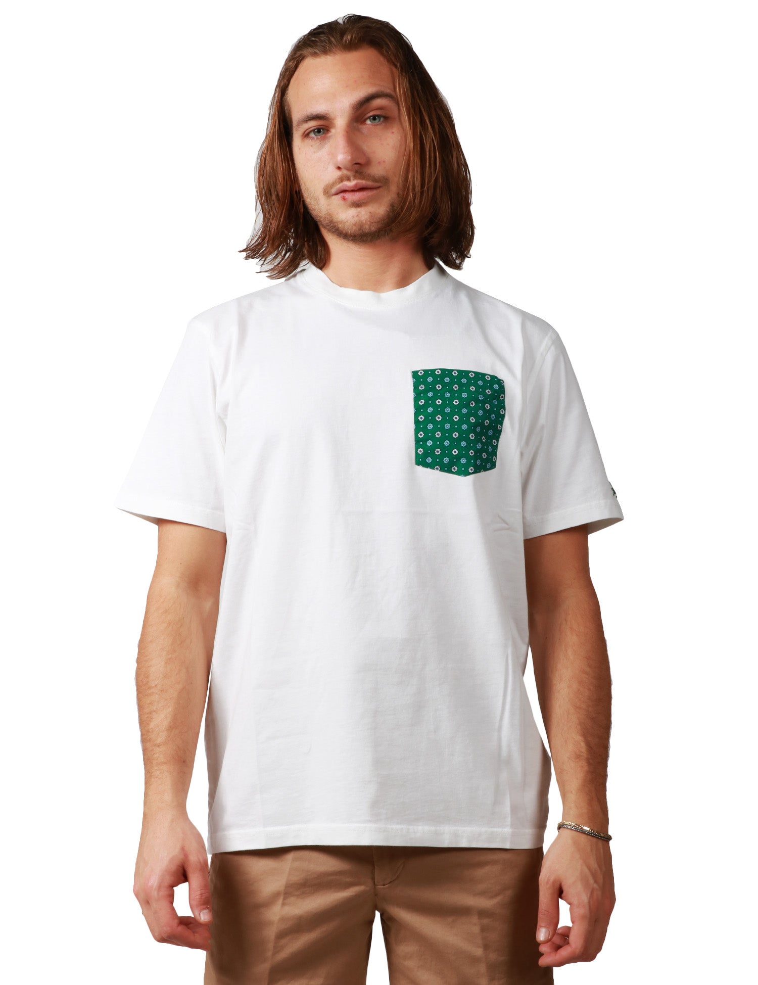 T-SHIRT UOMO MC2 SAINT BARTH BLU CON TASCA VERDE A FIORI APPLICATA SUL PETTO