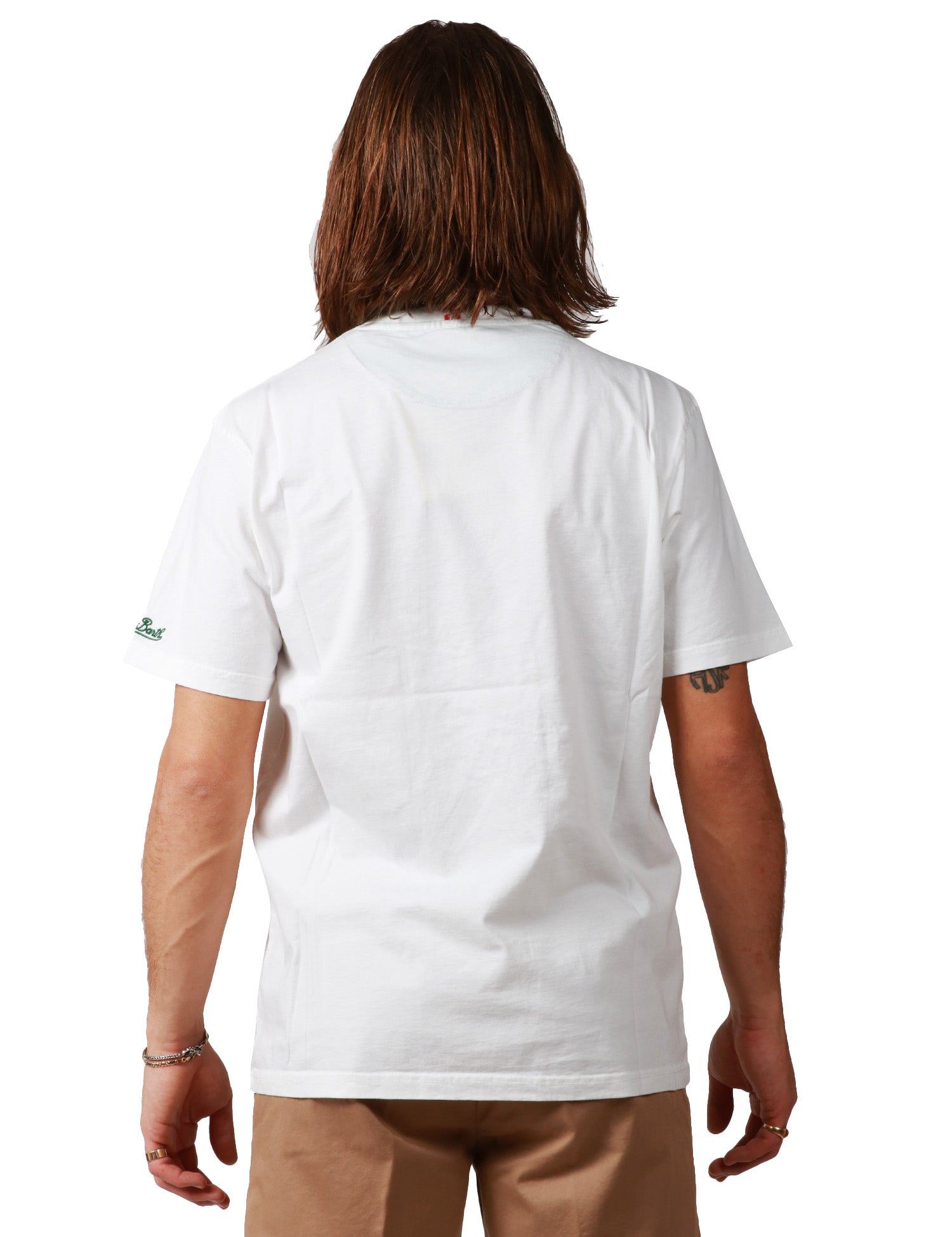 T-SHIRT UOMO MC2 SAINT BARTH BLU CON TASCA VERDE A FIORI APPLICATA SUL PETTO