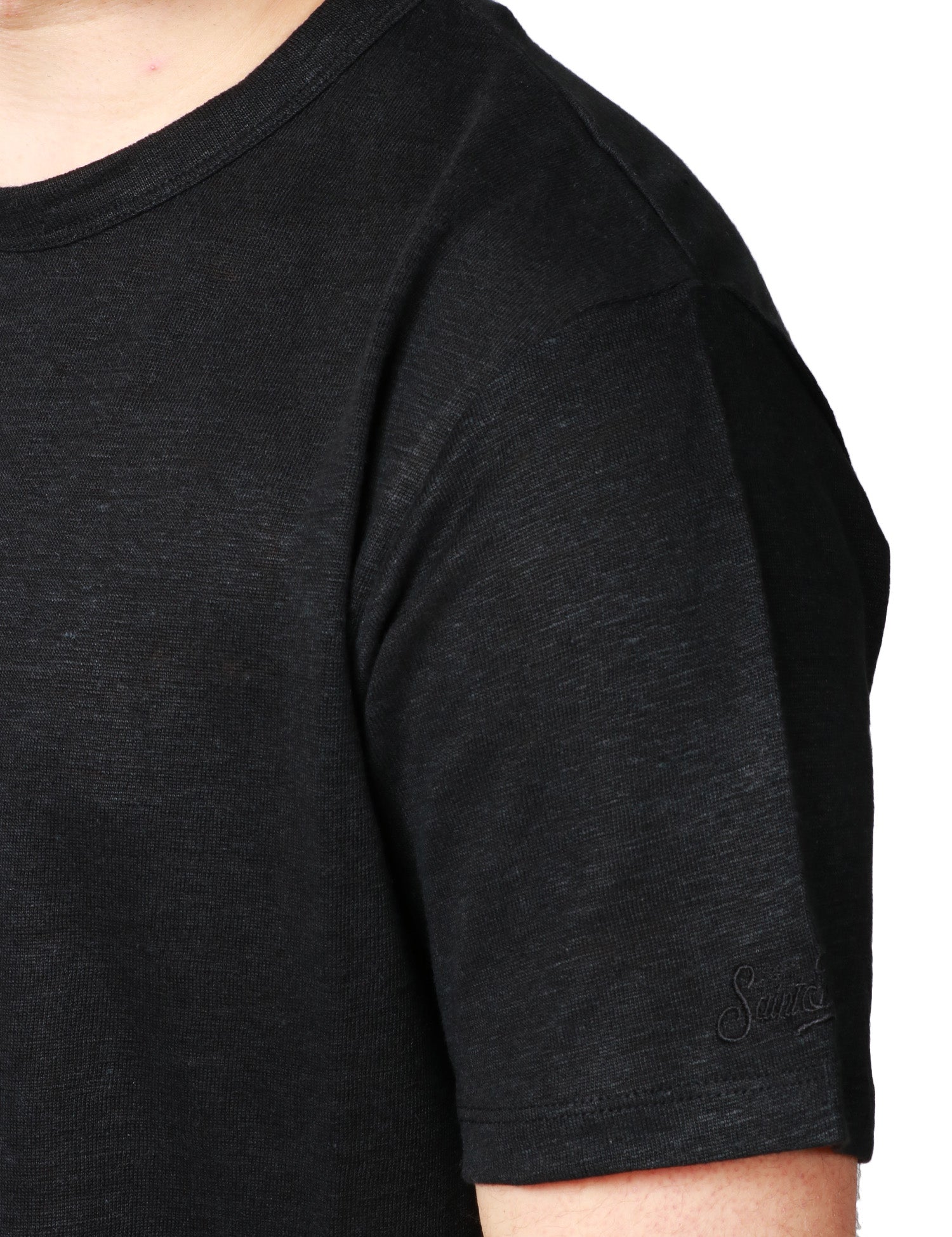 T-SHIRT UOMO MC 2 SAINT BARTH ECSTASEA NERA IN LINO CON RICAMO LOGO SULLA MANICA