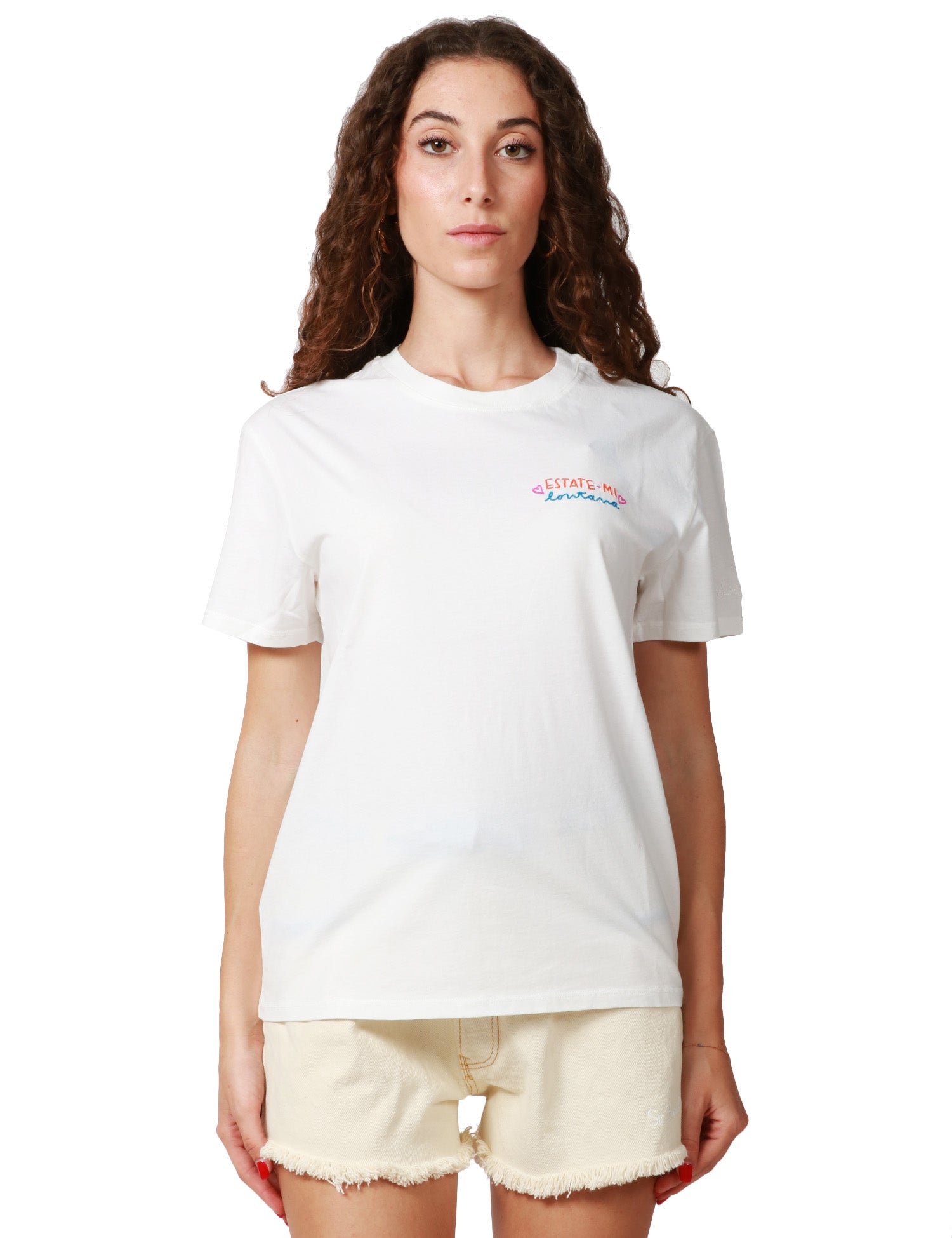 T-SHIRT DONNA MC2 SAINT BARTH EMILIE BIANCA CON SCRITTA "ESTATE-MI LONTANA" E RICAMO LOGO SULLA MANICA