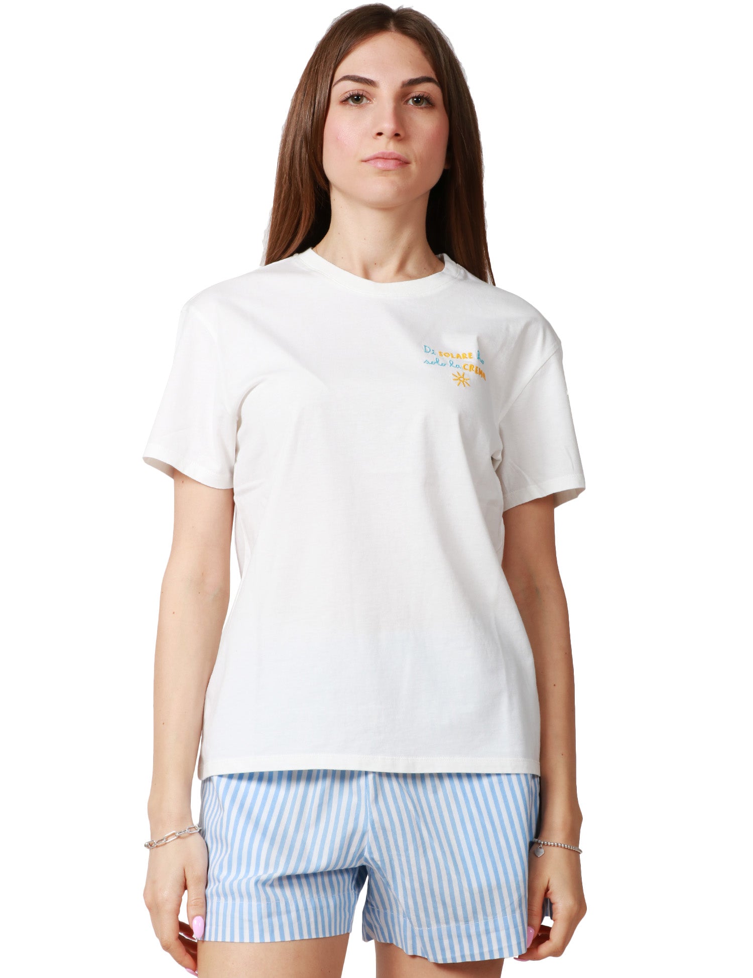 T-SHIRT DONNA MC2 SAINT MARTH EMILIE BIANCA CON SCRITTA "DI SOLARE HO SOLO LA CREMA" E RICAMO LOGO SULLA MANICA