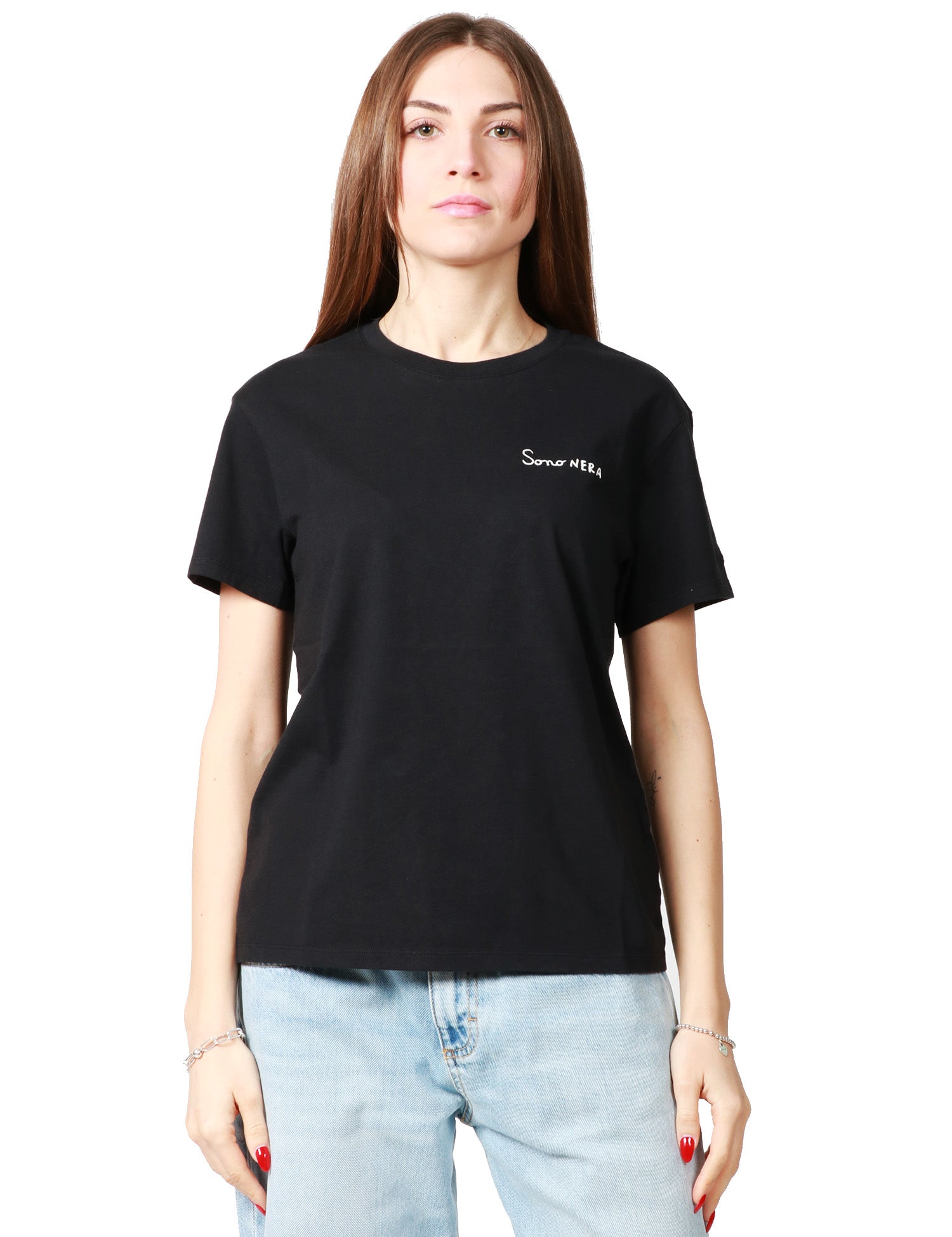 T-SHIRT DONNA MC2 SAINT BARTH NERA GIROCOLLO IN JERSEY CON SCRITTA SUL CUORE "SONO NERA"