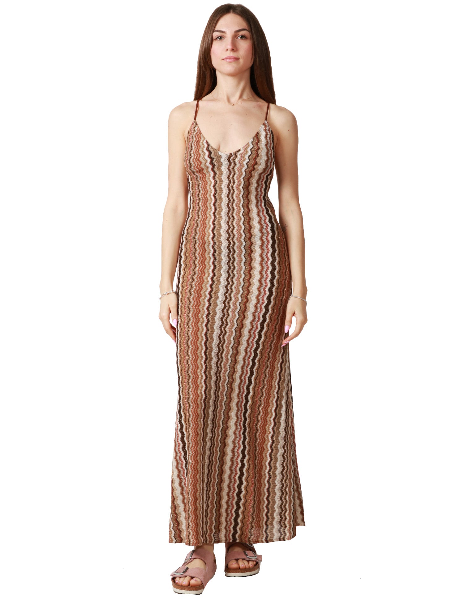 ABITO DONNA MC2 SAINT BARTH EYDIS MARRONE A MOTIVO CHEVRON IN MAGLIA RASCHEL CON SCOLLO A V