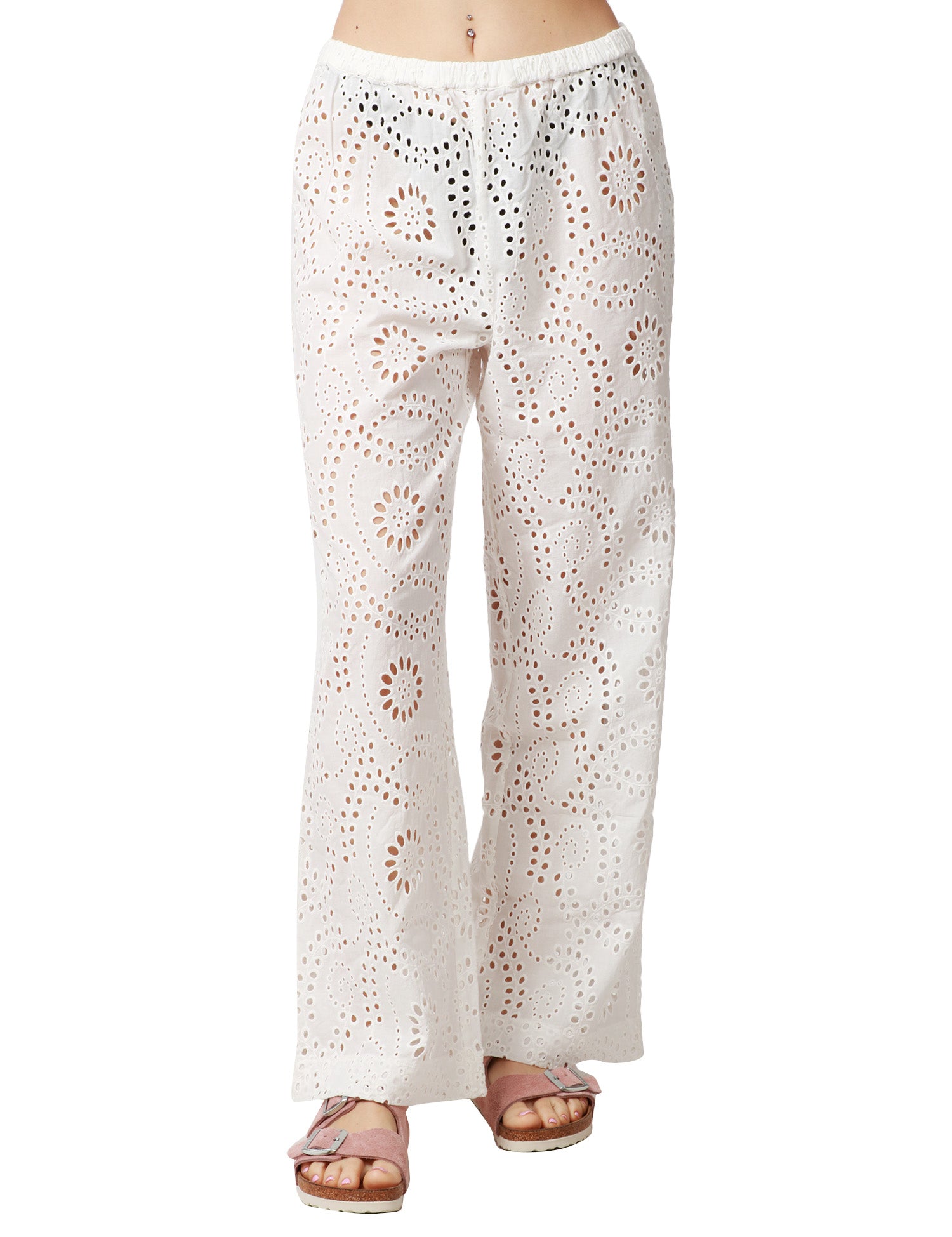 PANTALONE DONNA MC2 SAINT BARTH INEZ BIANCO IN PIZZO SANGALLO A GAMBA DRITTA E VITA ELASTICIZZATA