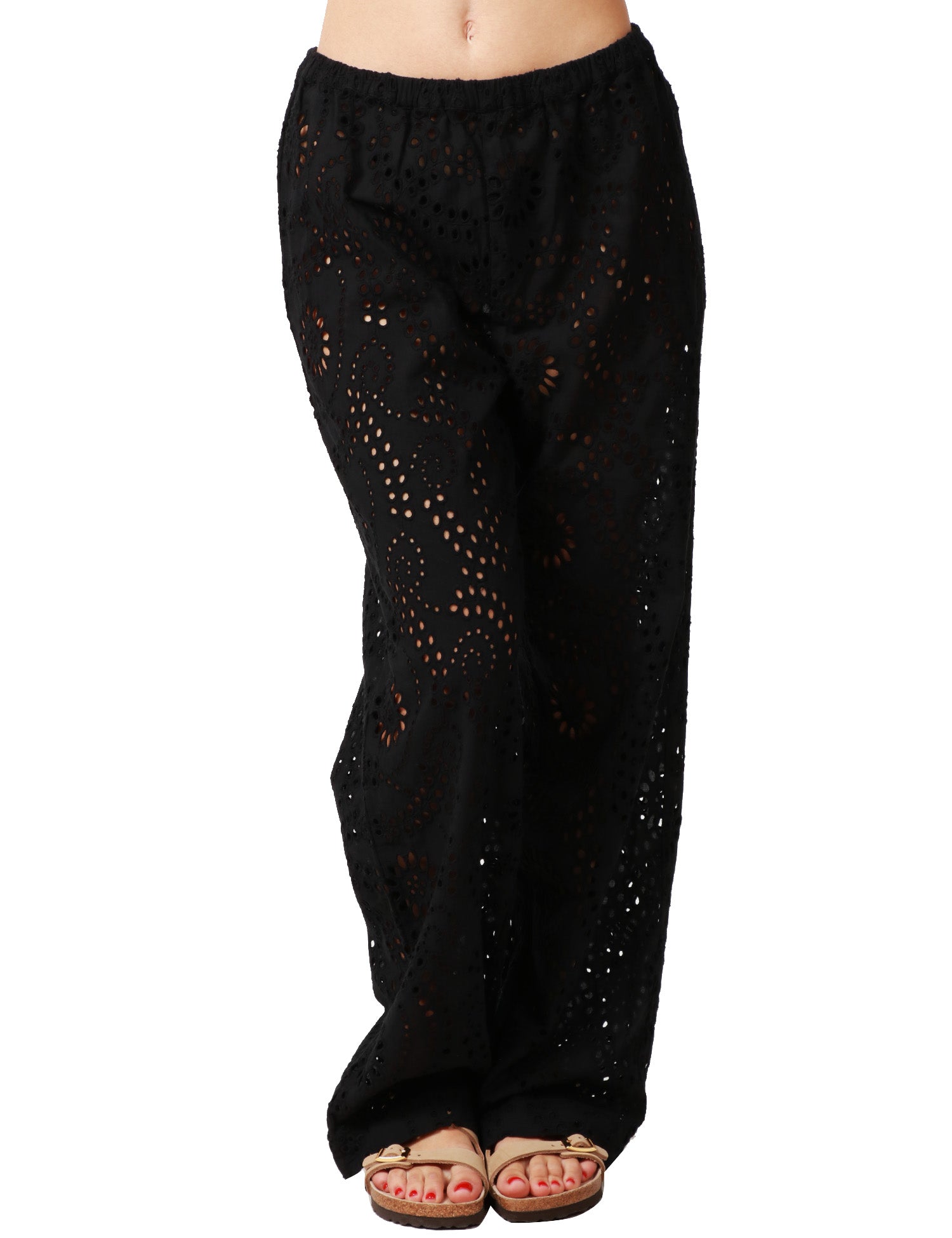 PANTALONE DONNA MC2 SAINT BARTH INEZ NERO IN PIZZO SANGALLO CON GAMBA DRITTA E VITA ELASTICIZZATA