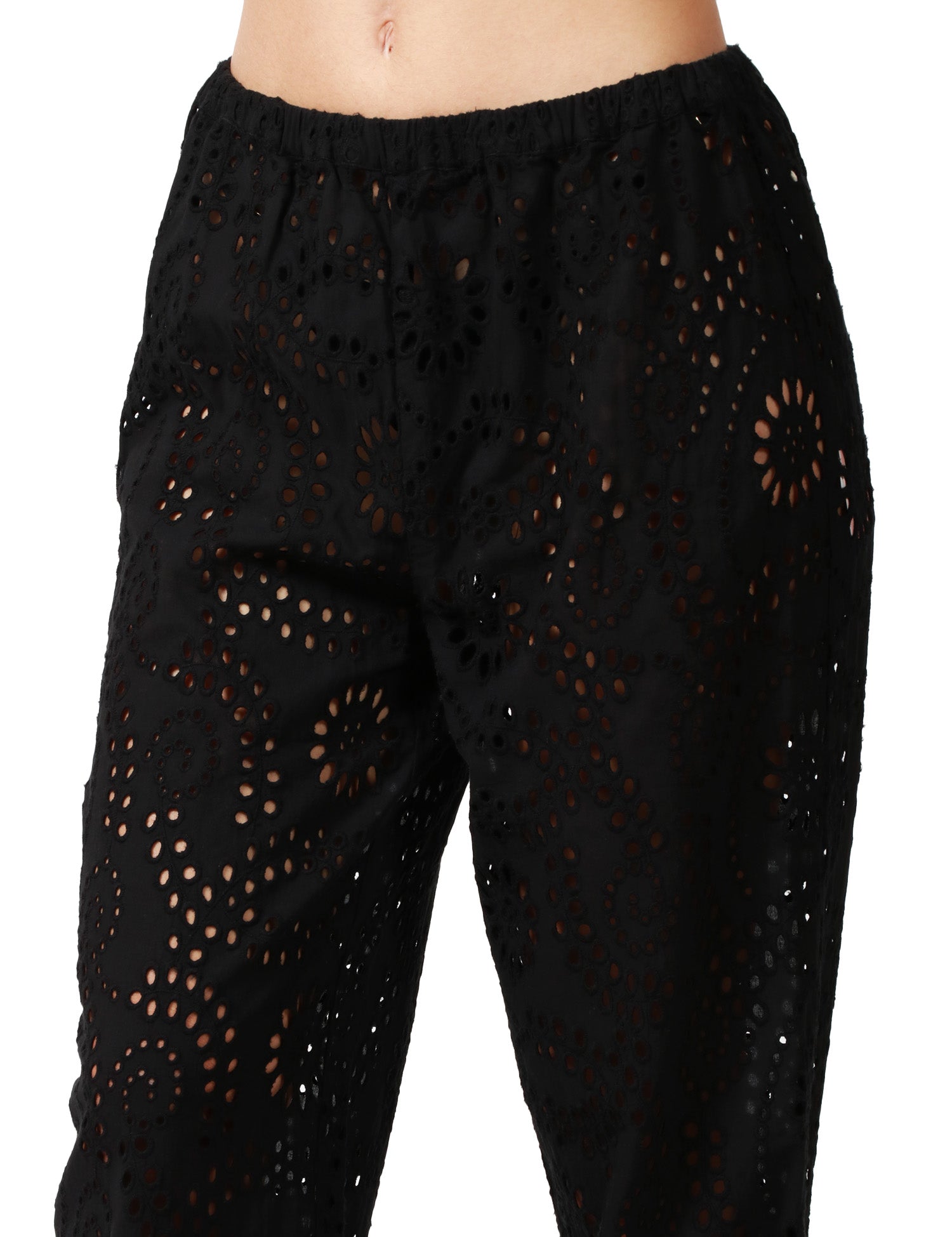 PANTALONE DONNA MC2 SAINT BARTH INEZ NERO IN PIZZO SANGALLO CON GAMBA DRITTA E VITA ELASTICIZZATA