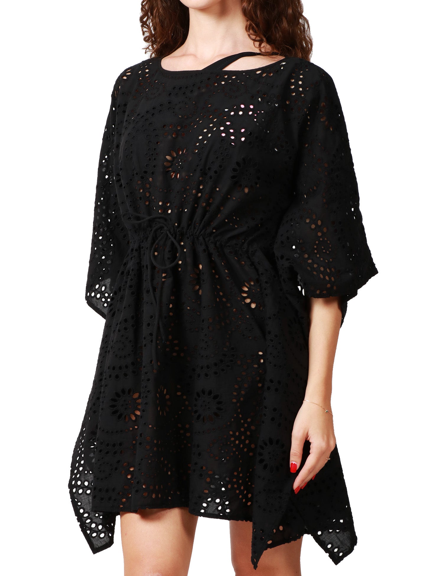CAFTANO DONNA MC2 SAINT BARTH IRIA NERO IN PIZZO SANGALLO CON MANICA A PONCHO 100% COTONE
