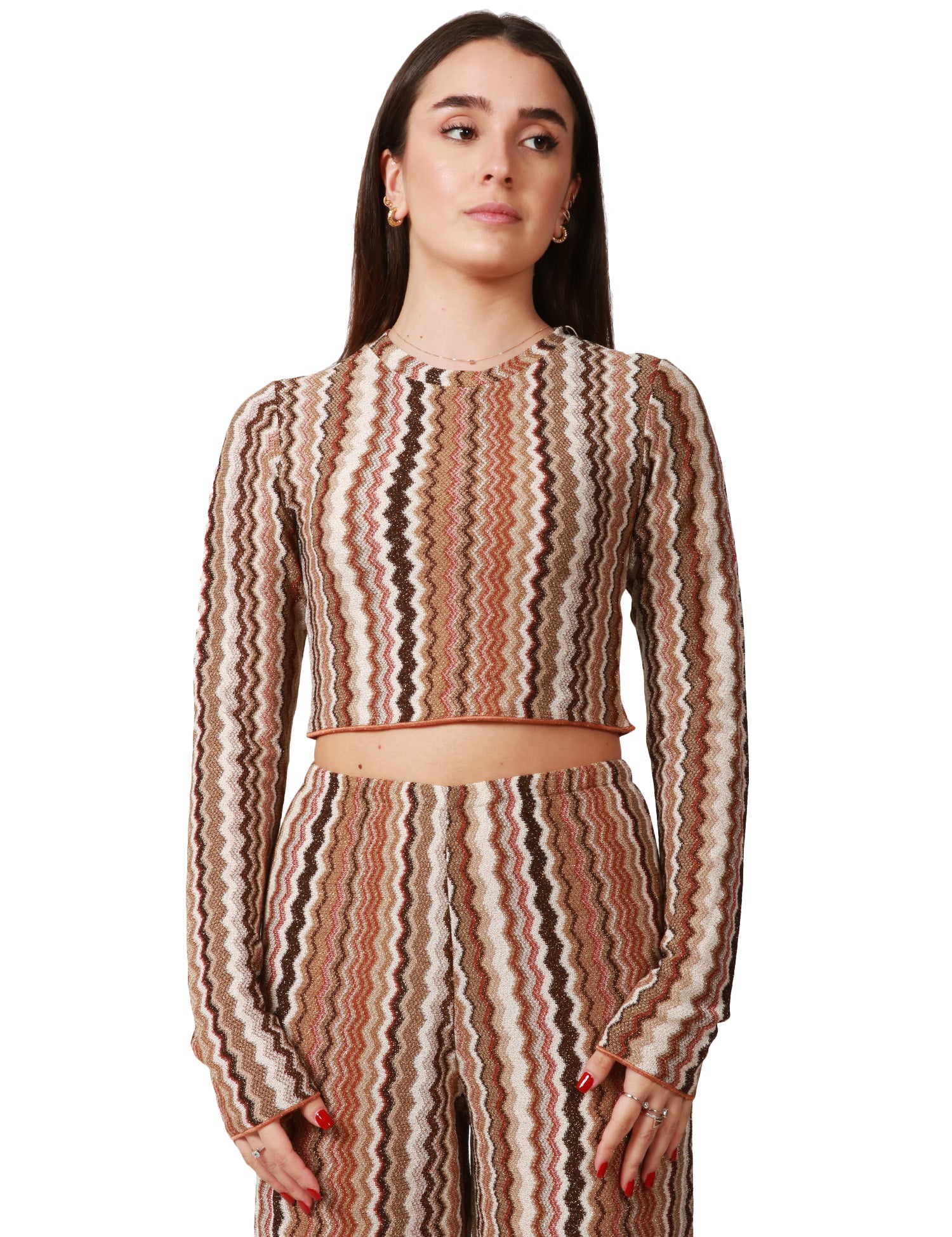 MAGLIA DONNA MC2 SAINT BARTH SIVIGLIA MARRONE CON MOTIVO CHEVRON A MANICA LUNGA IN TESSUTO RACHEL