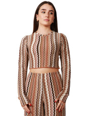 MAGLIA DONNA MC2 SAINT BARTH SIVIGLIA MARRONE CON MOTIVO CHEVRON A MANICA LUNGA IN TESSUTO RACHEL