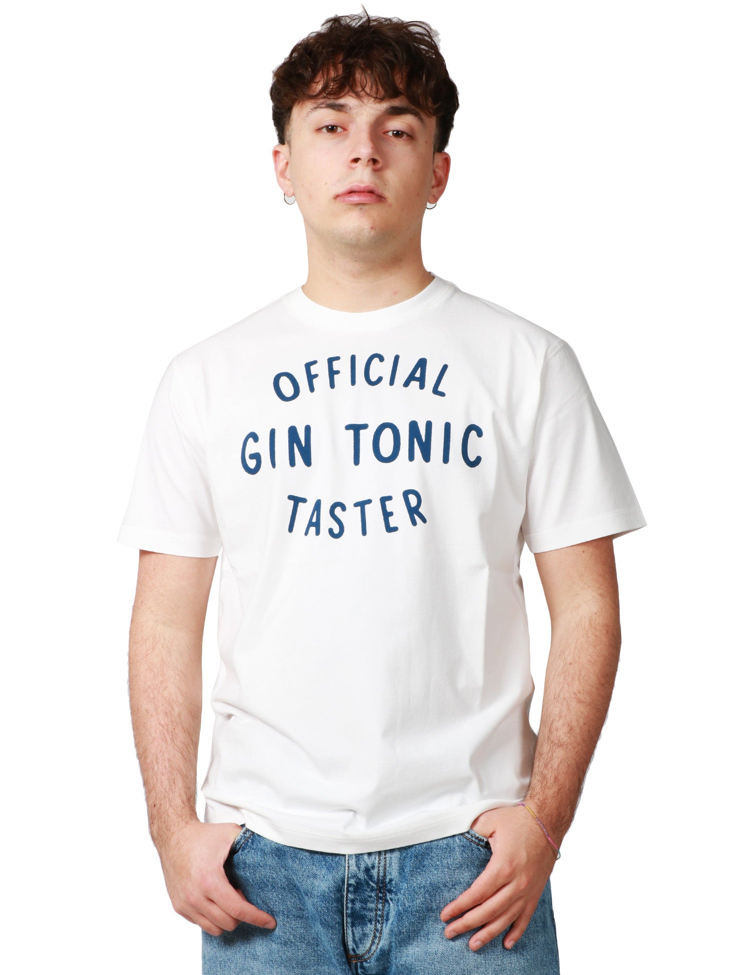 T-SHIRT UOMO MC 2 SAINT BARTH BIANCA CON STAMPA "OFFICIAL GIN TONIC TASTER" BLU E RICAMO LOGO