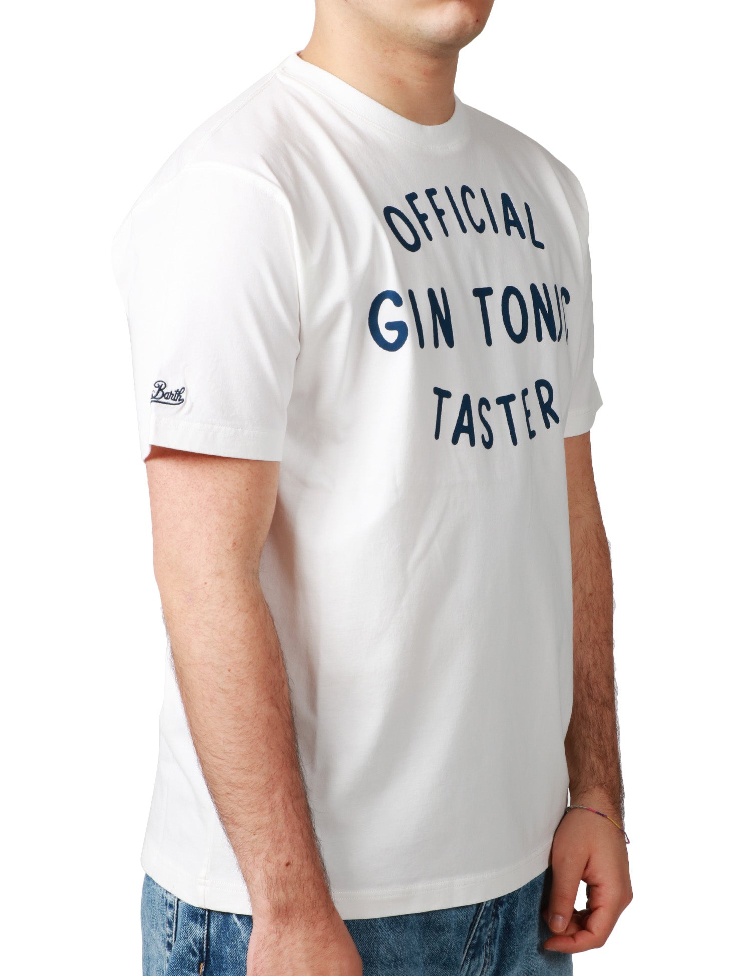 T-SHIRT UOMO MC 2 SAINT BARTH BIANCA CON STAMPA "OFFICIAL GIN TONIC TASTER" BLU E RICAMO LOGO