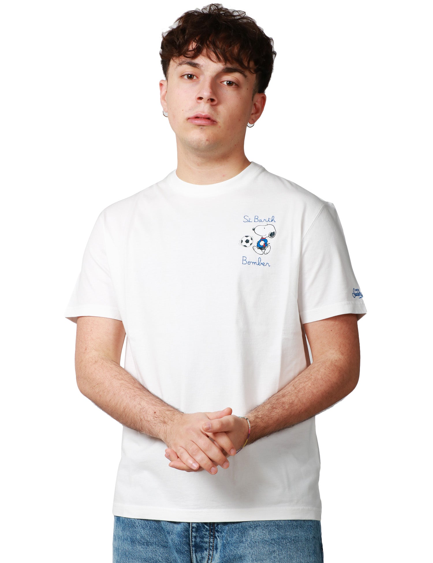 T-SHIRT UOMO MC 2 SAINT BARTH BIANCA CON RICAMO SNOOPY BOMBER E RICAMO LOGO SULLA MANICA