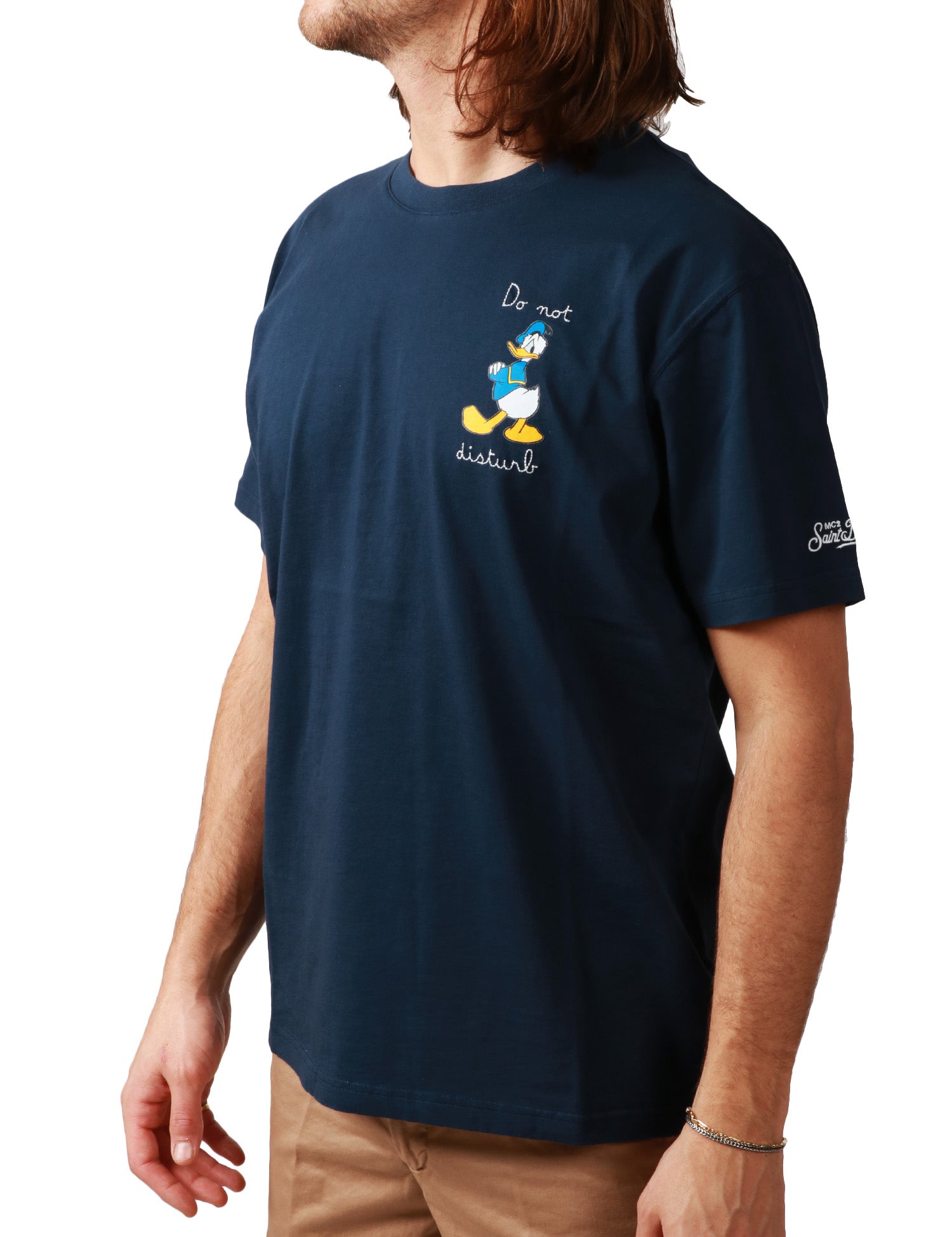 T-SHIRT UOMO MC2 SAINT BARTH BLU NAVY CON STAMPA DONALD DUCK SUL PETTO E RICAMO "DO NOT DISTURB"