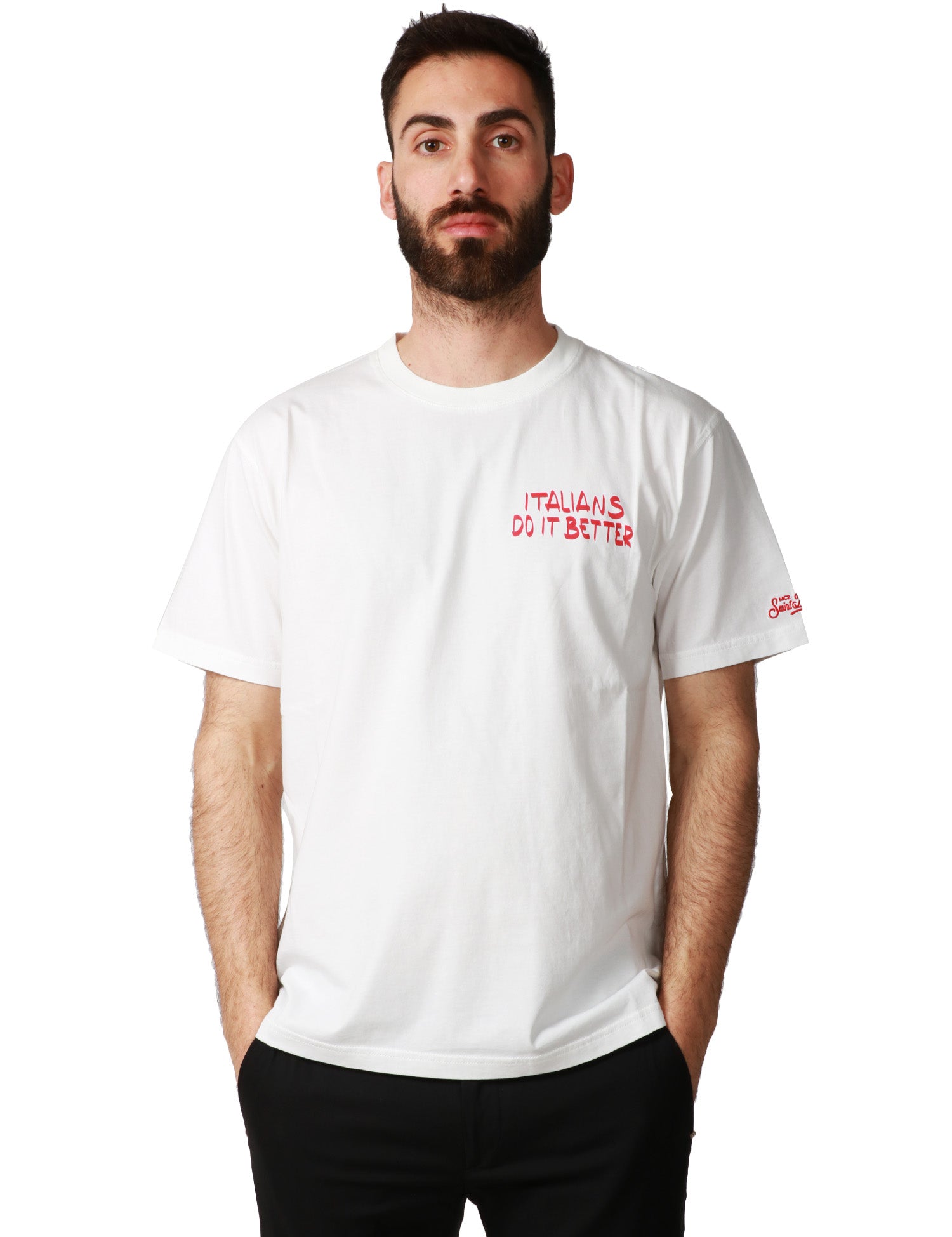 T-SHIRT UOMO MC 2 SAINT BARTH BIANCA CON STAMPA "ITALIANS DO IT BETTER" E RICAMO LOGO SULLA MANICA