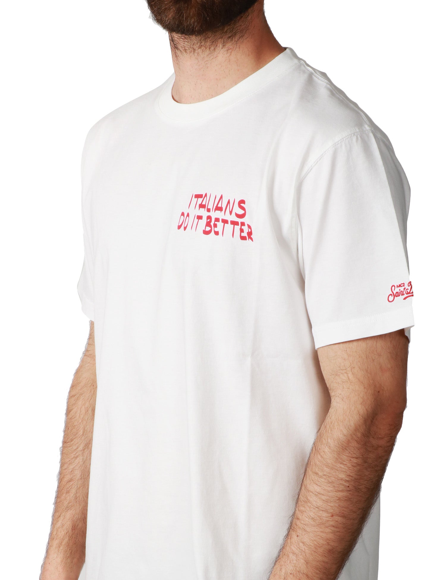 T-SHIRT UOMO MC 2 SAINT BARTH BIANCA CON STAMPA "ITALIANS DO IT BETTER" E RICAMO LOGO SULLA MANICA