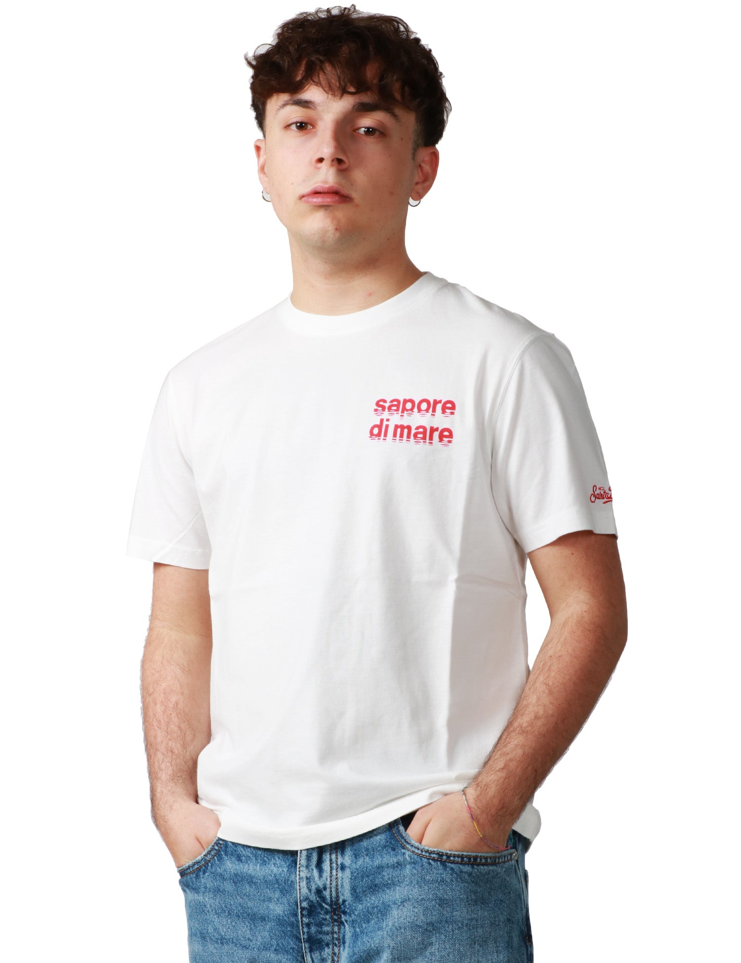T-SHIRT UOMO MC 2 SAINT BARTH BIANCA CON STAMPA "SAPORE DI MARE" E RICAMO LOGO SULLA MANICA