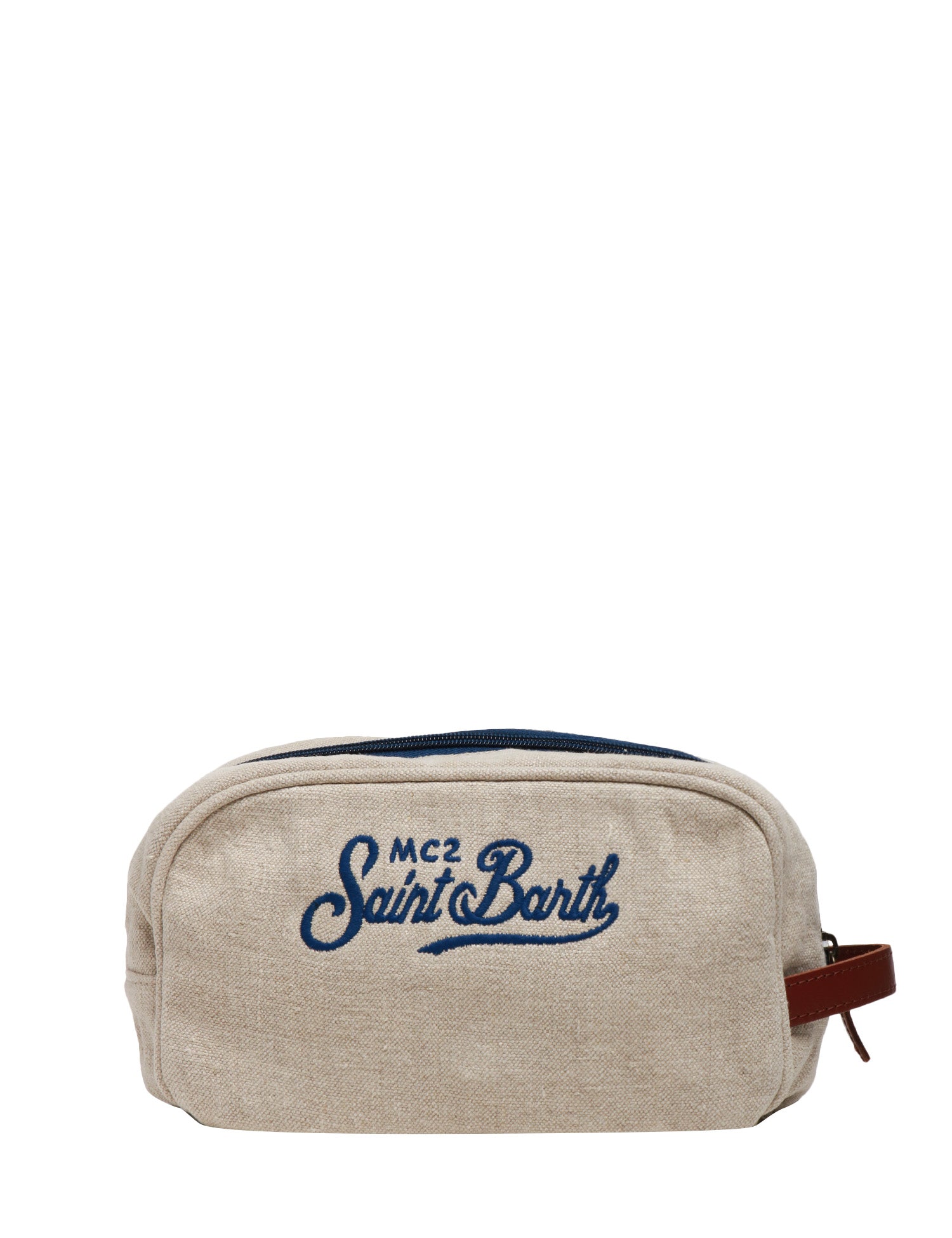 POCHETTE UOMO MC 2 SAINT BARTH BEIGE/BLU IN LINO NATURALE CON RICAMO LOGO E ZIP