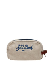 POCHETTE UOMO MC 2 SAINT BARTH BEIGE/BLU IN LINO NATURALE CON RICAMO LOGO E ZIP