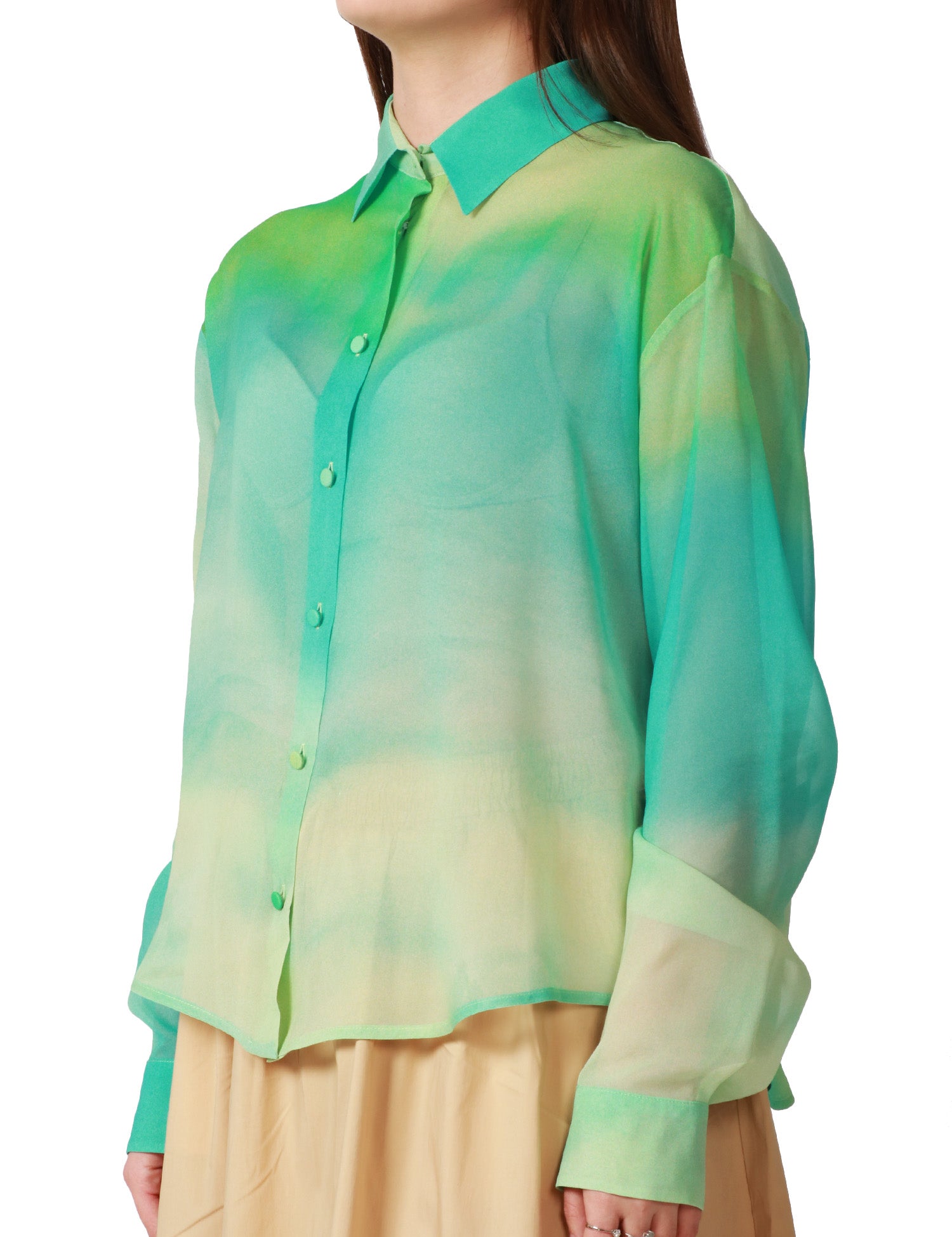 CAMICIA DONNA MVP WARDROBE AURORA FILMY AZZURRA CON STAMPA SHADES IN GEORGETTE TRASPARENTE 100% SETA