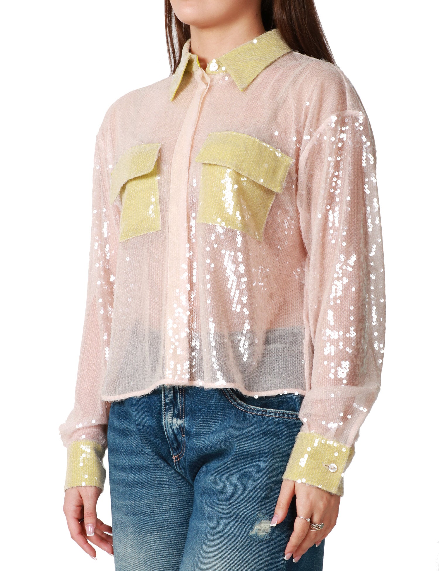 CAMICIA DONNA MVP WARDROBE ELYSIA ROSA TRASPARENTE CON PAILLETTES E TASCHE, COLLO E POLSINI A CONTRASTO