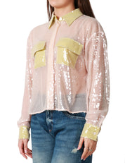CAMICIA DONNA MVP WARDROBE ELYSIA ROSA TRASPARENTE CON PAILLETTES E TASCHE, COLLO E POLSINI A CONTRASTO