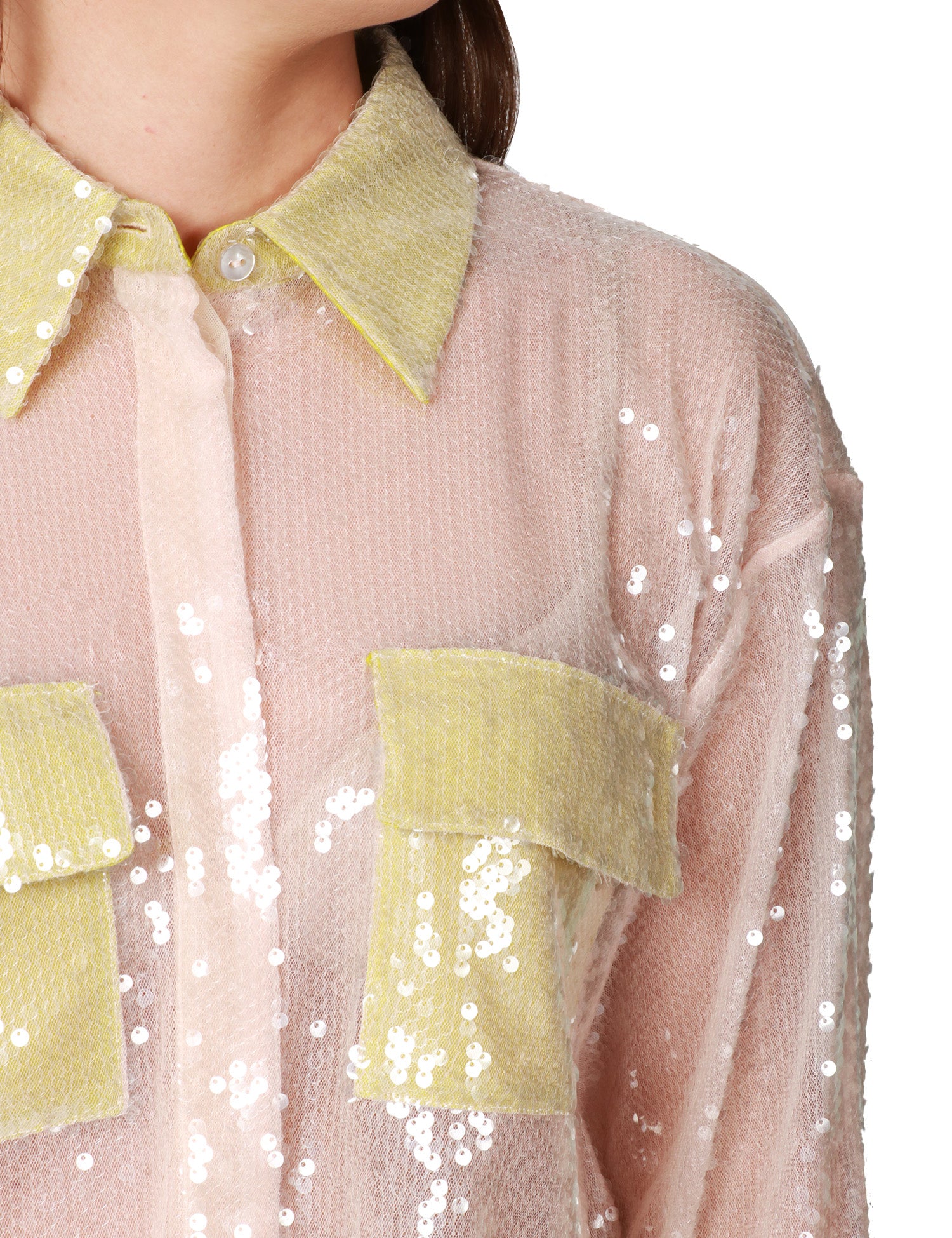 CAMICIA DONNA MVP WARDROBE ELYSIA ROSA TRASPARENTE CON PAILLETTES E TASCHE, COLLO E POLSINI A CONTRASTO